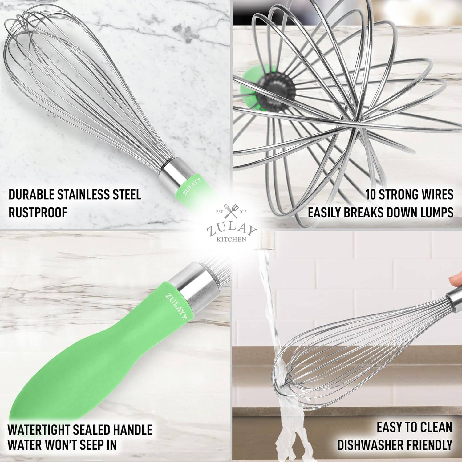 DURABLE STAINLESS STEEL  
RUSTPROOF  

10 STRONG WIRES  
EASILY BREAKS DOWN LUMPS  

WATERTIGHT SEALED HANDLE  
WATER WON'T SEEP IN  

EASY TO CLEAN  
DISHWASHER FRIENDLY