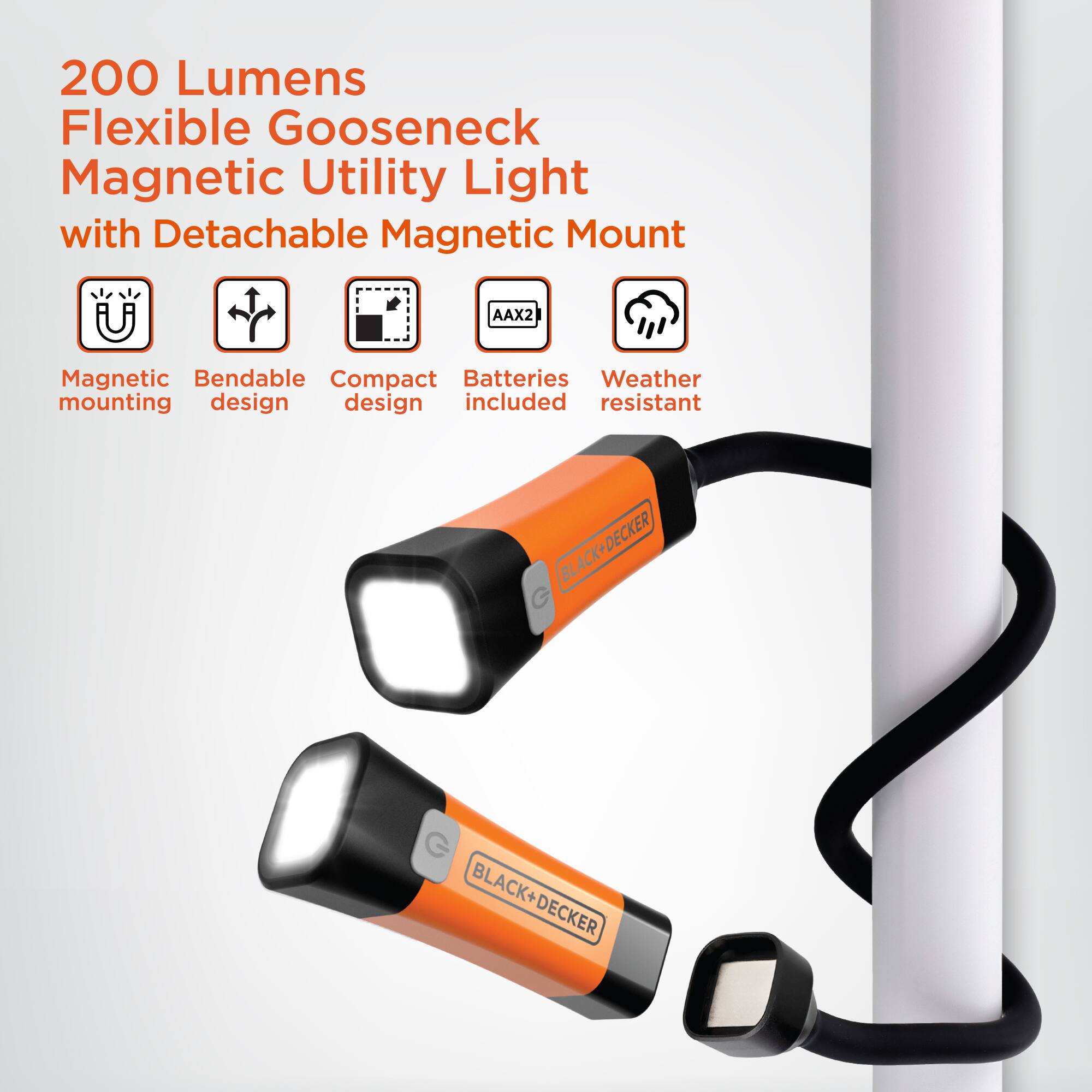 Black+Decker Bendable Gooseneck LED Work Light with Magnetic Mount, 200 ...