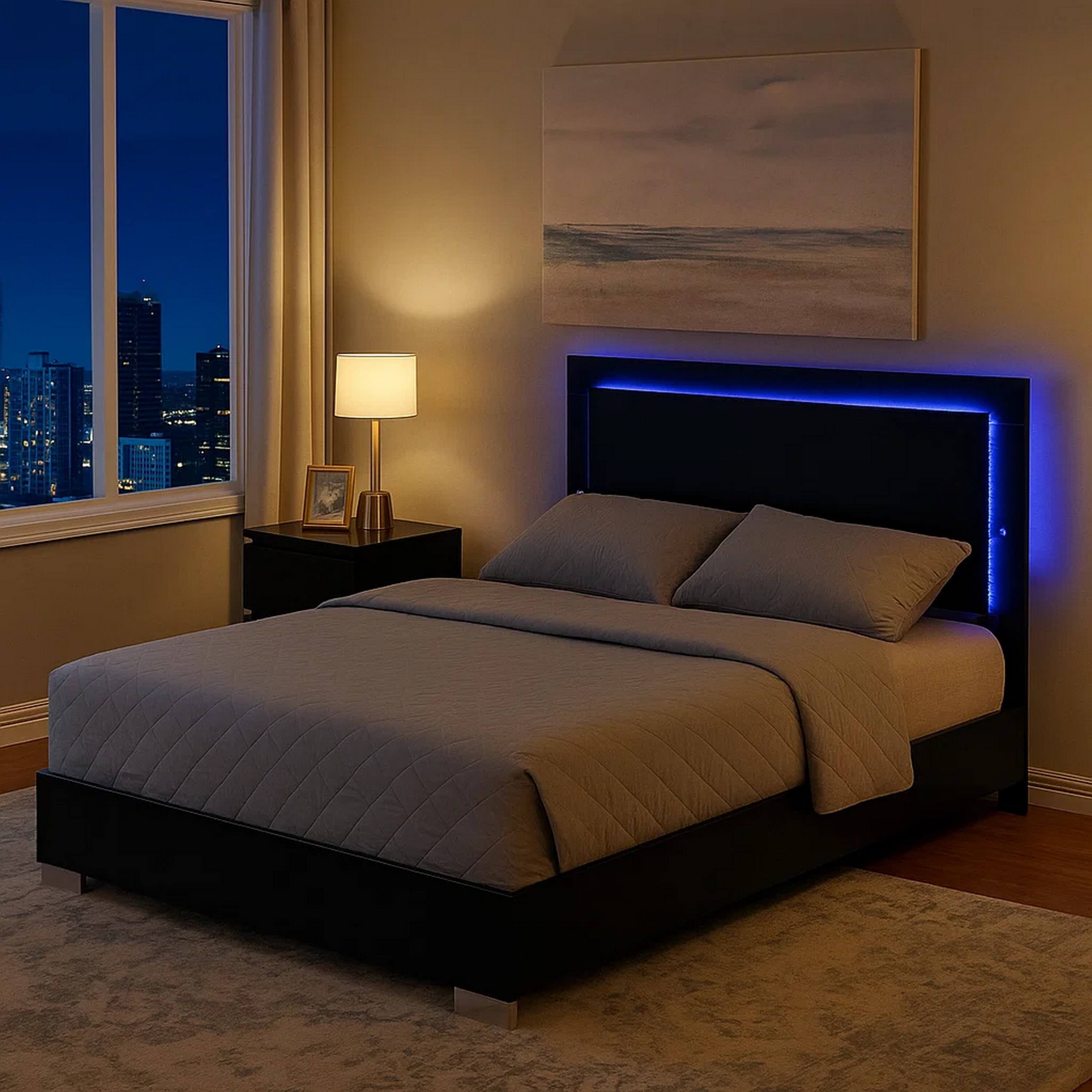 Alt View 5. Manhattan Lane - Suni Queen Size Bed w LED Headboard, Piano Black Wood Frame - Piano Black, Chrome Silver.