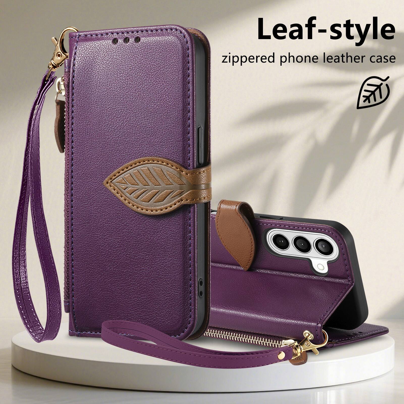 Leaf-style zippered phone leather case