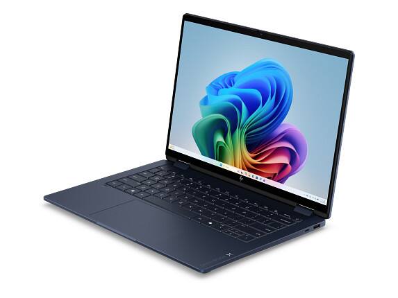 Left. HP - HP OmniBook X Laptop Computer 14" 3K Touch Screen Intel Core Ultra 9 32 GB - Atmospheric blue aluminum.