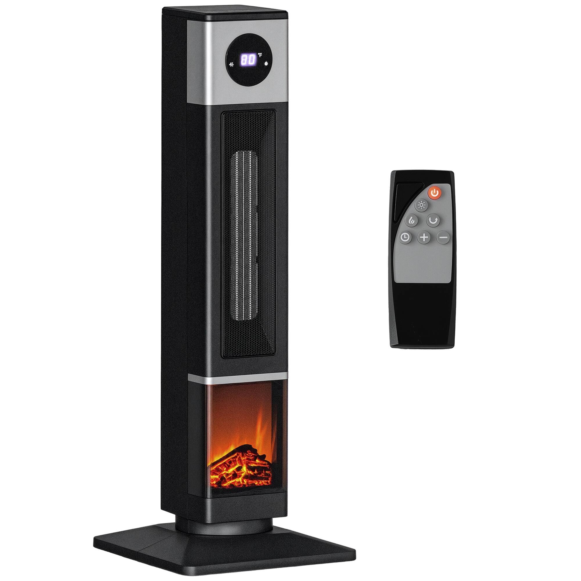 Front. Homcom - Space Heater for Indoor Use with Realistic Flame Effect, 1400W Oscillating Ceramic Portable Electric Heater - Black.