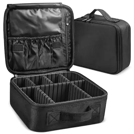 Front. Mber - Travel Makeup Bag Organizer with Brush Holder, Makeup Bag with Compartments, Makeup Travel Case Train Case for Cosmetic - Black.