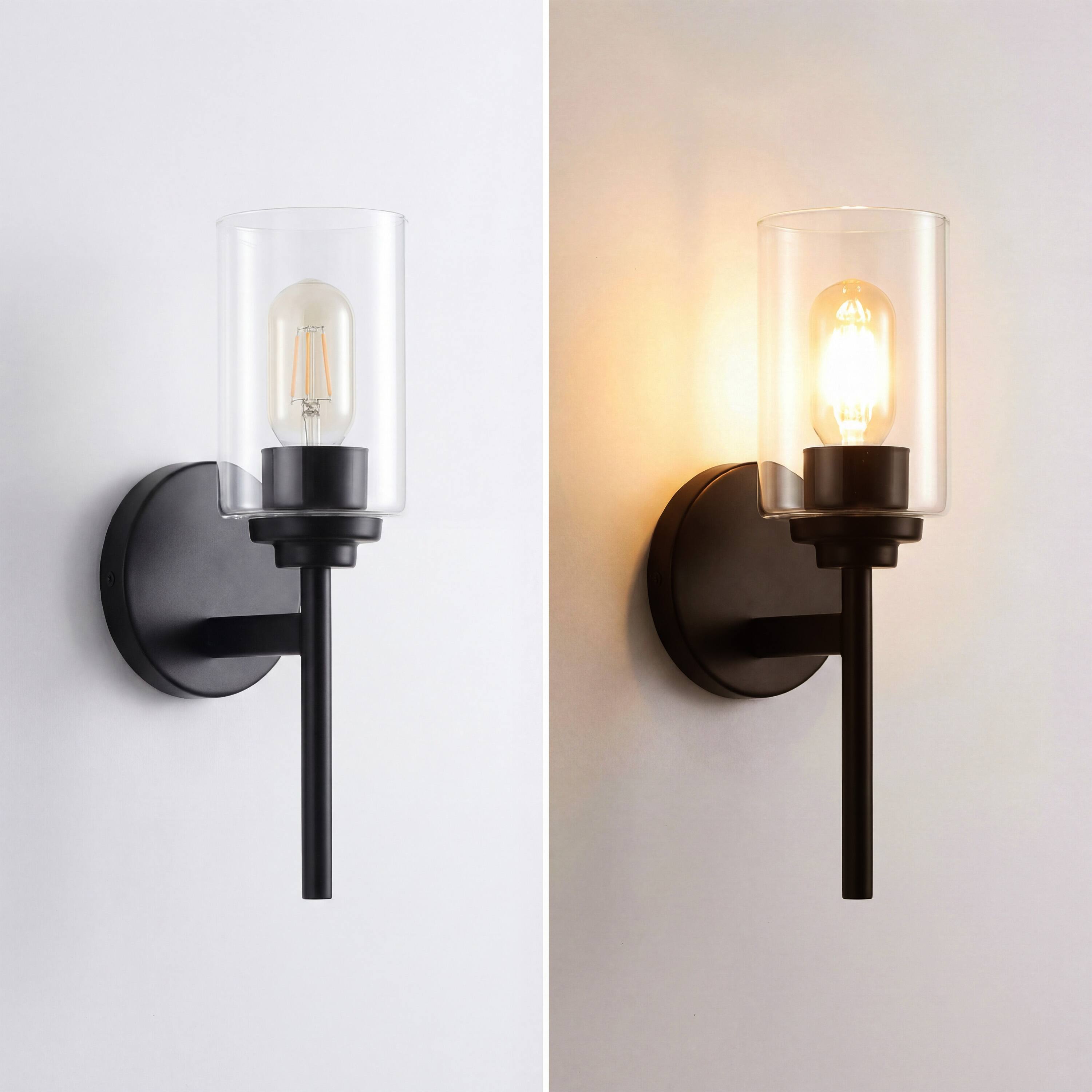 Alt View 3. Jonathan Y - Juno 13" 1-Light Farmhouse Industrial Metal/Glass Cylinder LED Sconce, Black/Clear - Black/Clear.