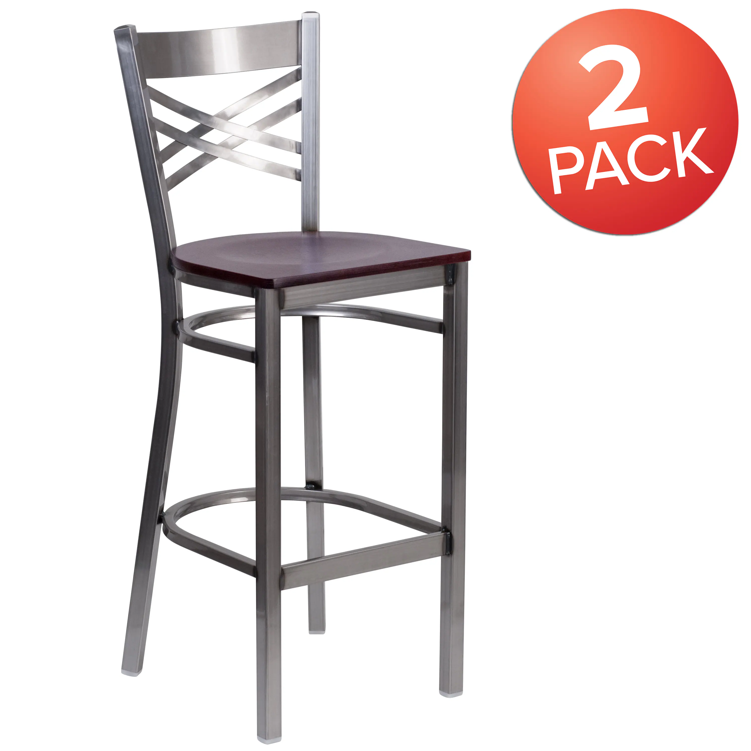 Alt View 1. Emma + Oliver - 2 Pack Clear Coated "X" Back Metal Restaurant Barstool - Mahogany Wood Seat/Clear Coated Metal Frame.
