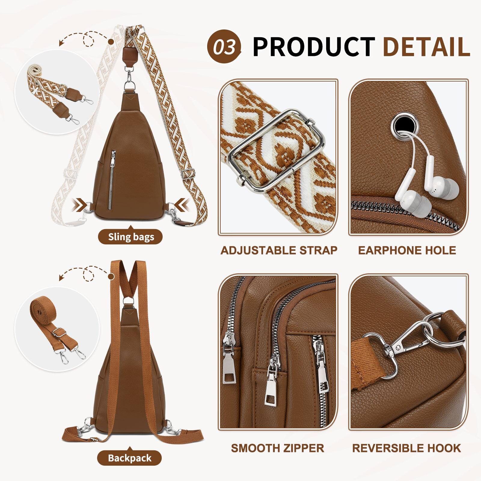 03 PRODUCT DETAIL

Sling bags  
- ADJUSTABLE STRAP  
- EARPHONE HOLE  

Backpack  
- SMOOTH ZIPPER  
- REVERSIBLE HOOK