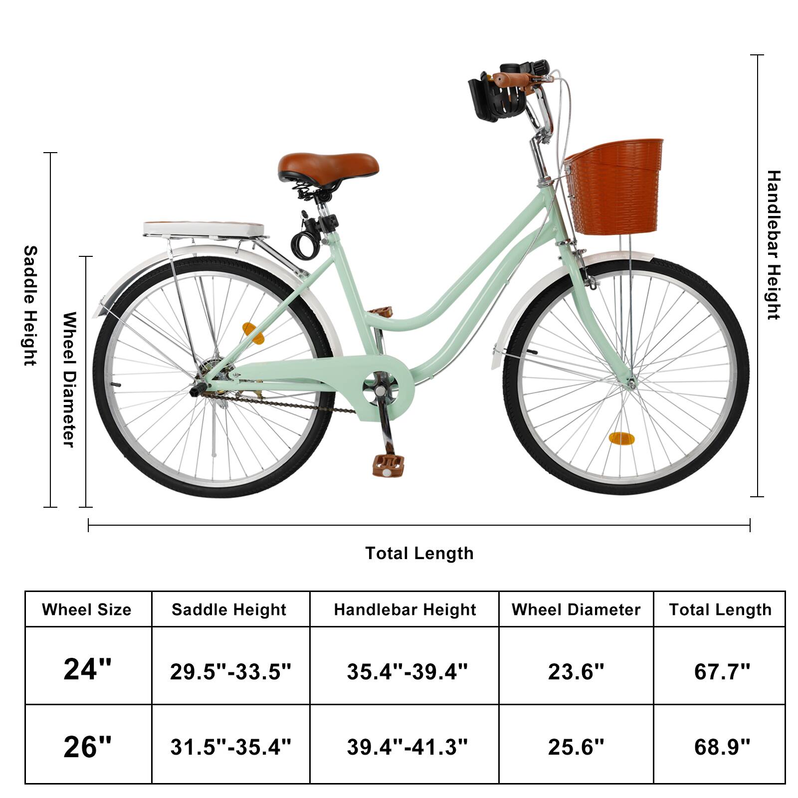 Here is the corrected and grouped text from the image:

---

**Wheel Size** | **Saddle Height** | **Handlebar Height** | **Wheel Diameter** | **Total Length**

- **24"** | 29.5"-33.5" | 35.4"-39.4" | 23.6" | 67.7"
- **26"** | 31.5"-35.4" | 39.4"-41.3" | 25.6" | 68.9"

---