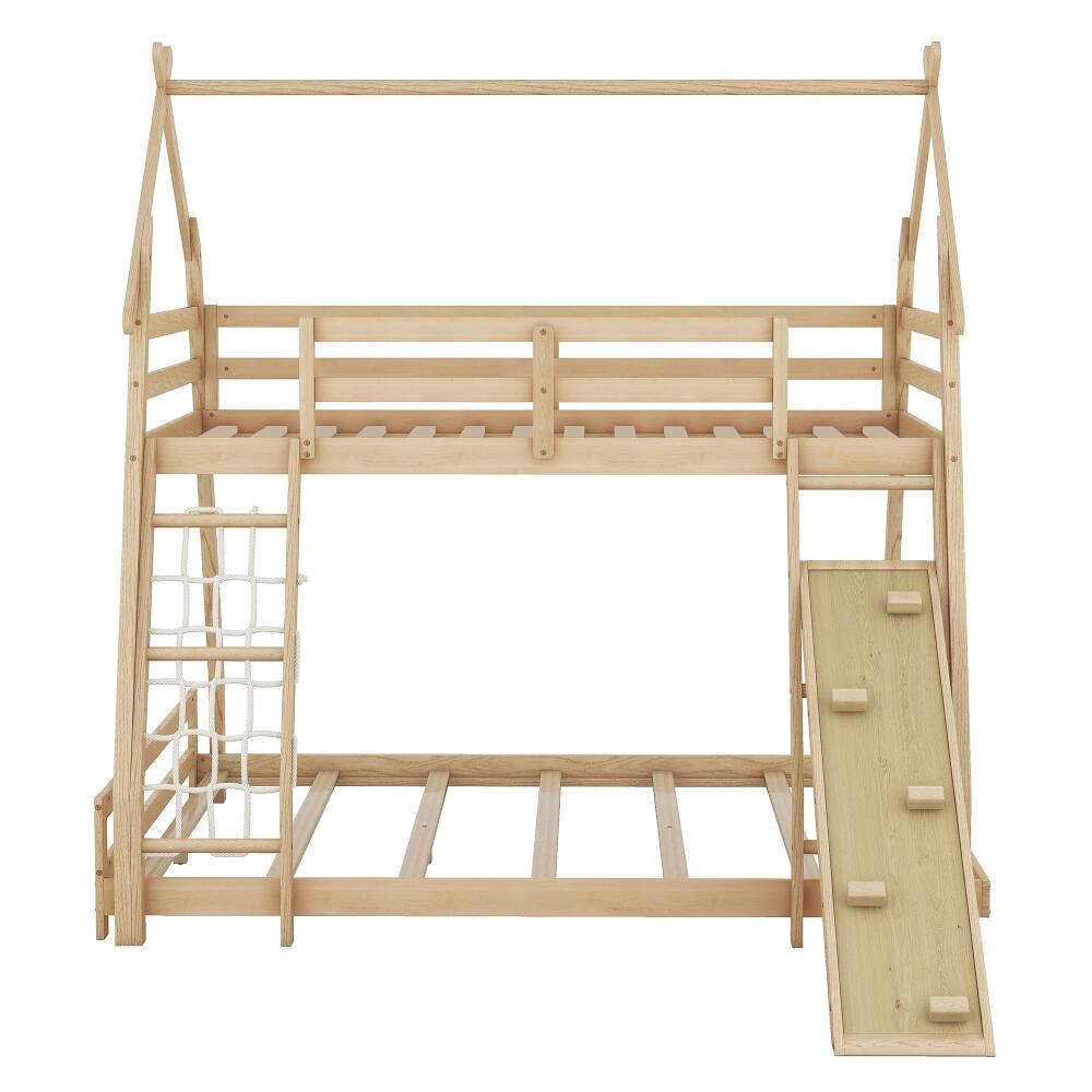 Alt View 8. Loheer - Loheer Twin Over Queen House Bunk Bed with Climbing Net Ramp Natural - Natural.