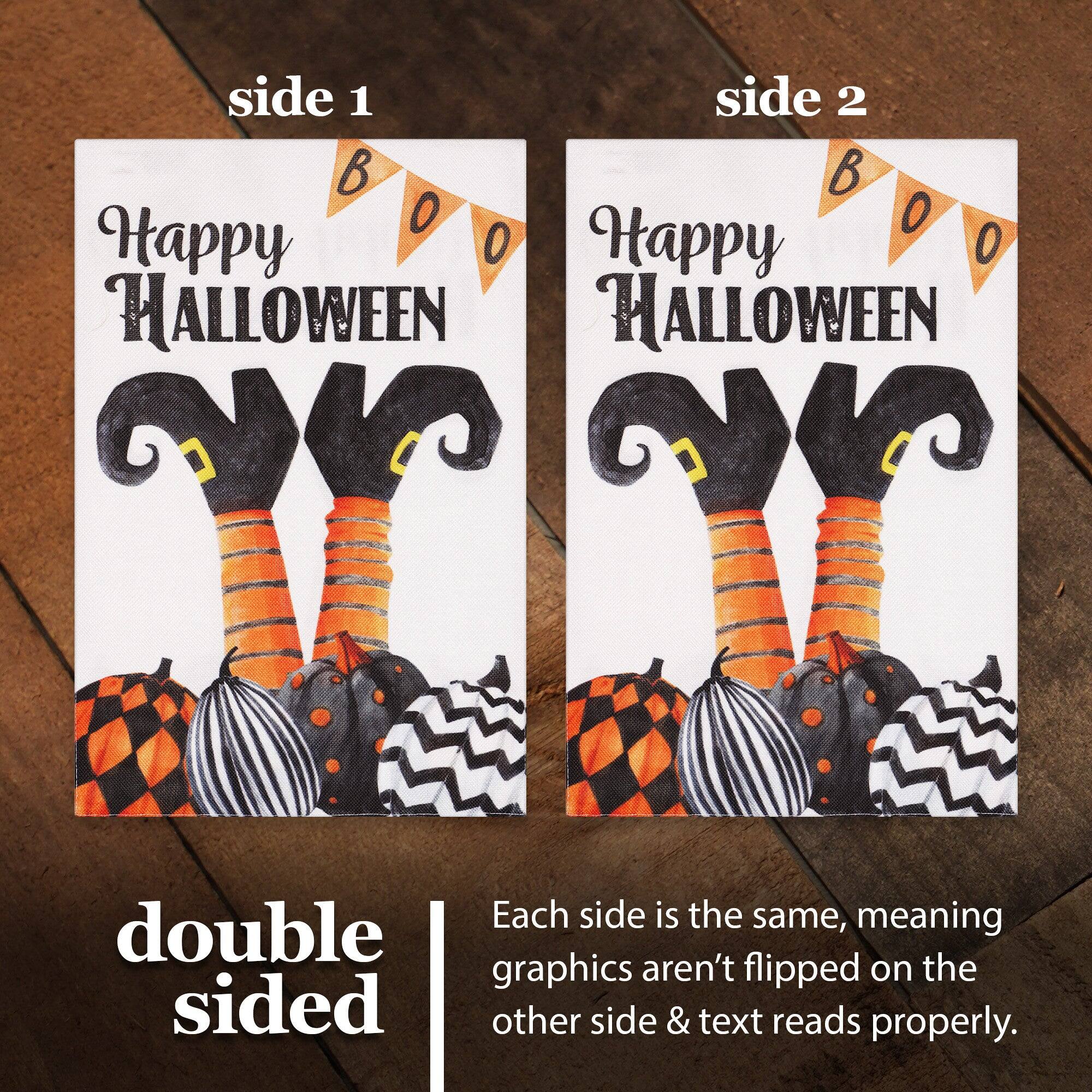 side 1 side 2  
Happy Halloween  
Happy Halloween  

double sided  
Each side is the same, meaning graphics aren't flipped on the other side & text reads properly.