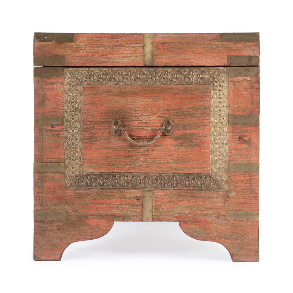 Back. Butler Specialty - Nador Hand-Painted Brass Inlay Storage Trunk Coffee Table - Pink.