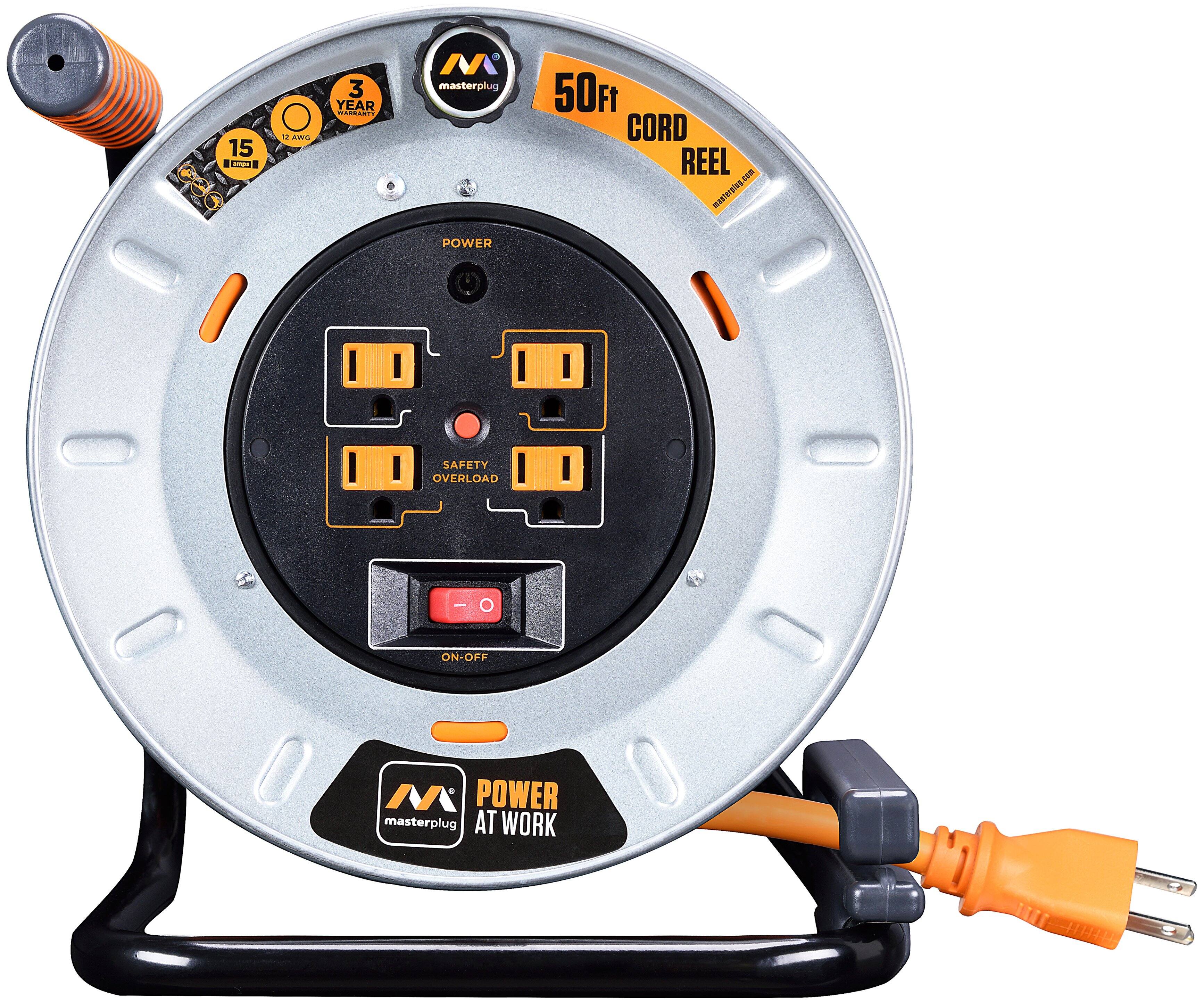 Alt View 1. Masterplug - 50Ft 4 Sockets 15A 12AWG Medium Open Metal Reel - Metal & Orange.