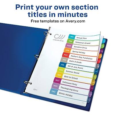 Print your own section titles in minutes  
Free templates on Avery.com  

CAMEFON  
JAN - Annual Plan  
FEB - Valentine's Event  
MAR - Donation Drive  
APR - Spring Holiday  
MAY - Mother's Day Fundraiser  
JUN - Dad's & Grads  
JUL - 4th of July Picnic  
AUG - Summer Social  
SEP - Back to School  
OCT - Halloween Party  
NOV - Thanksgiving Drive  
DEC - Winter Holiday