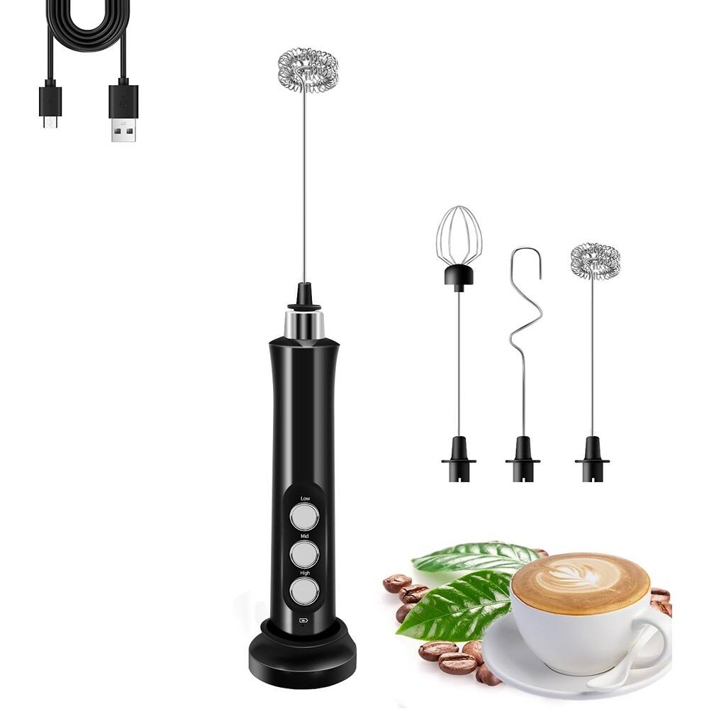 Angle. ACJPR - Rechargeable Handheld Milk Frother with 3 Detachable Stainless Steel Whisks, 3-Speed Adjustable Foam Maker with Storage - Black.