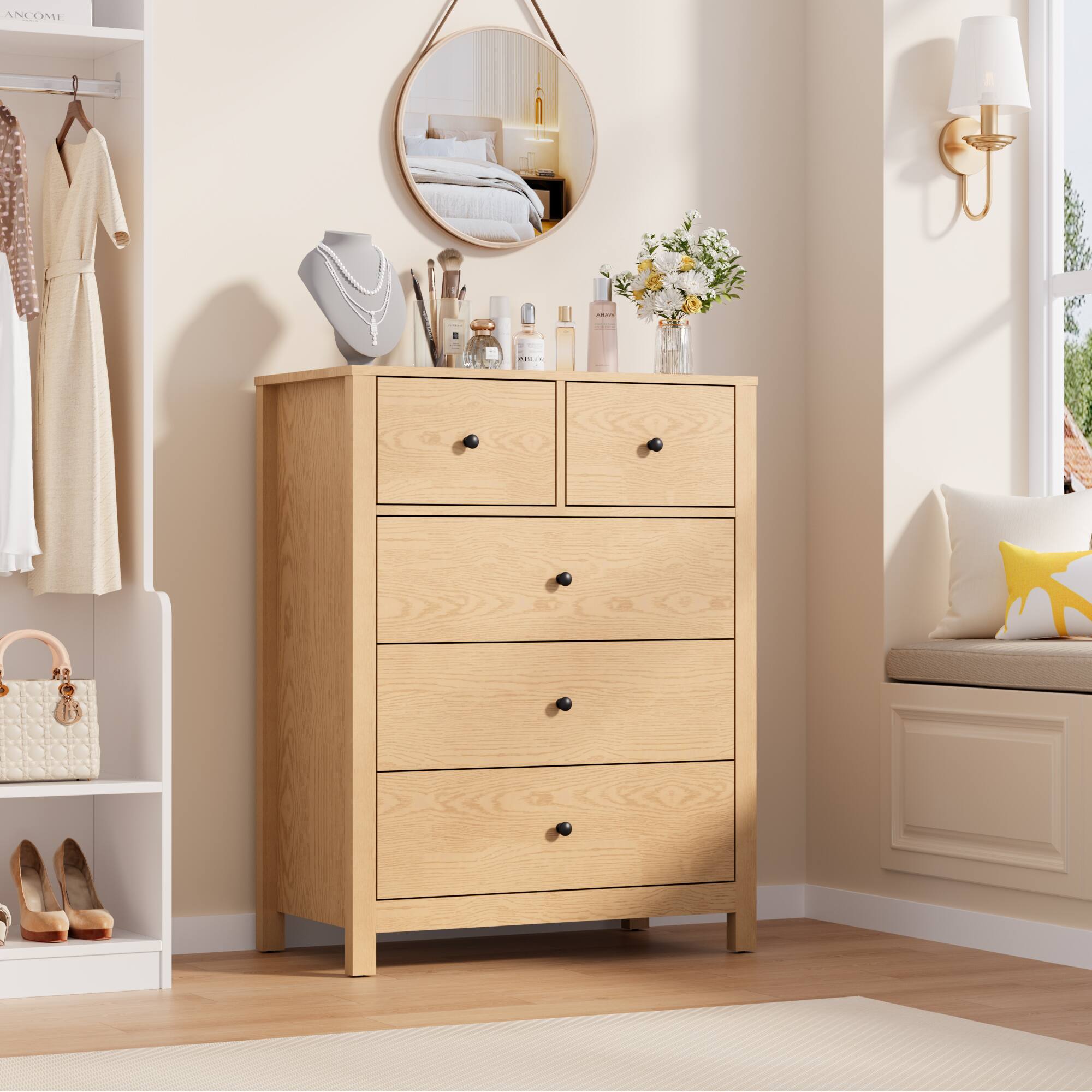 Front. Homhougo - 5 Drawer Dresser for Bedroom, Modern Tall Dresser Organizer with Storage Drawers - Yellow.