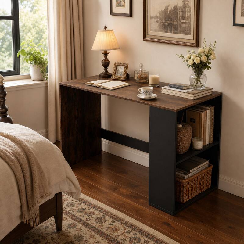 Angle. WELLFOR - 44" Computer Desk with Bookshelf, Modern Home Office Desk for Small Space - Rustic Brown and Black.