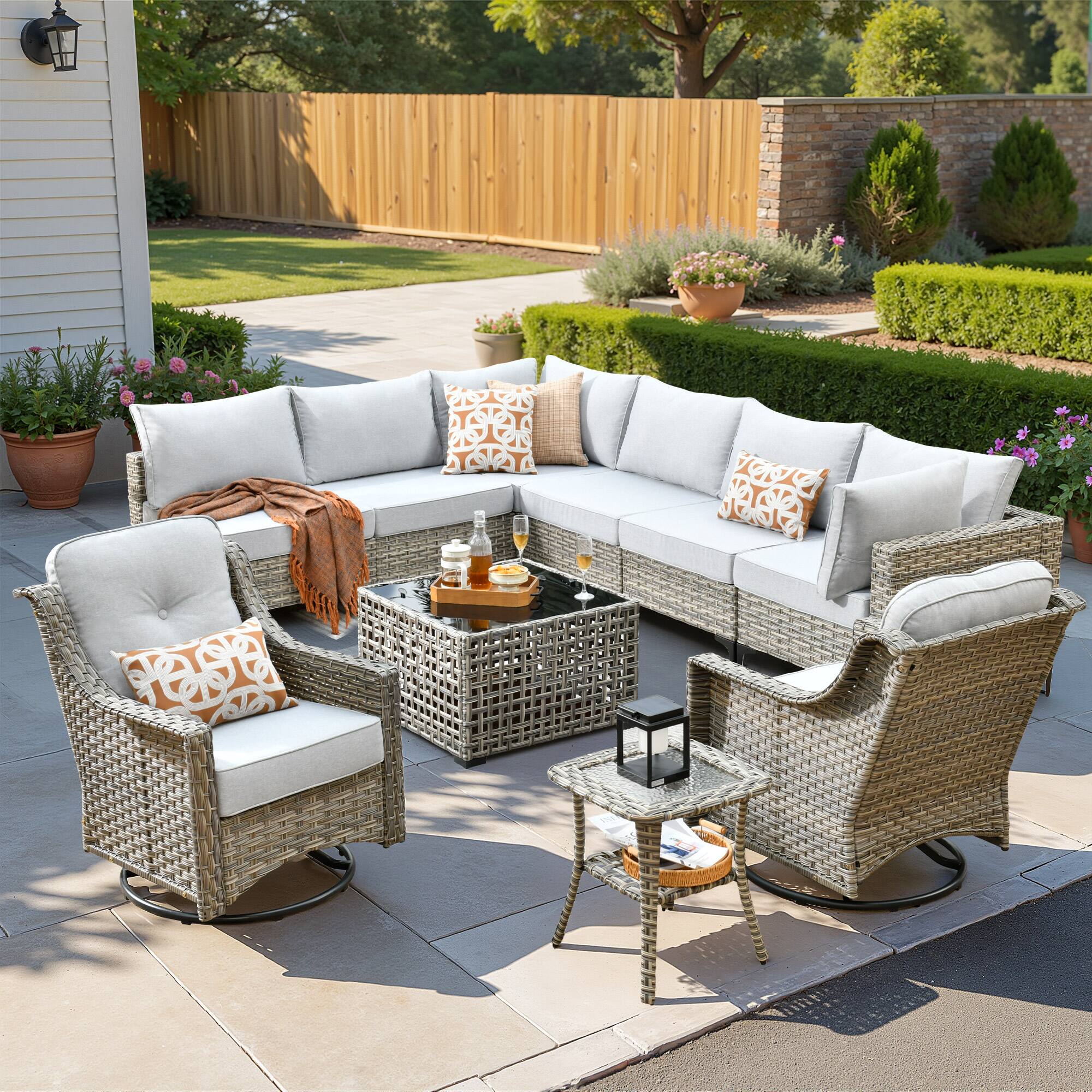 Ovios - 10 PCS Patio Furniture, Sectional Modular Sofa with Swivel Chairs & Coffee Table for Backyard - Gray