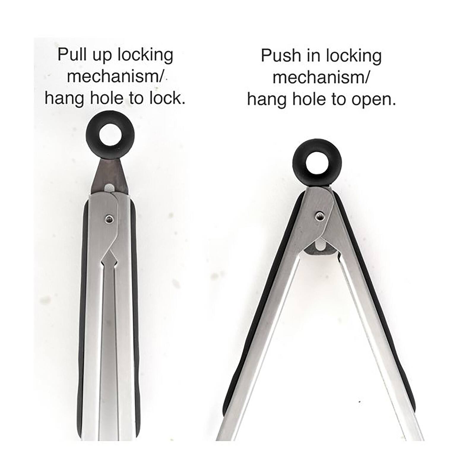 Pull up locking mechanism/hang hole to lock.  
Push in locking mechanism/hang hole to open.