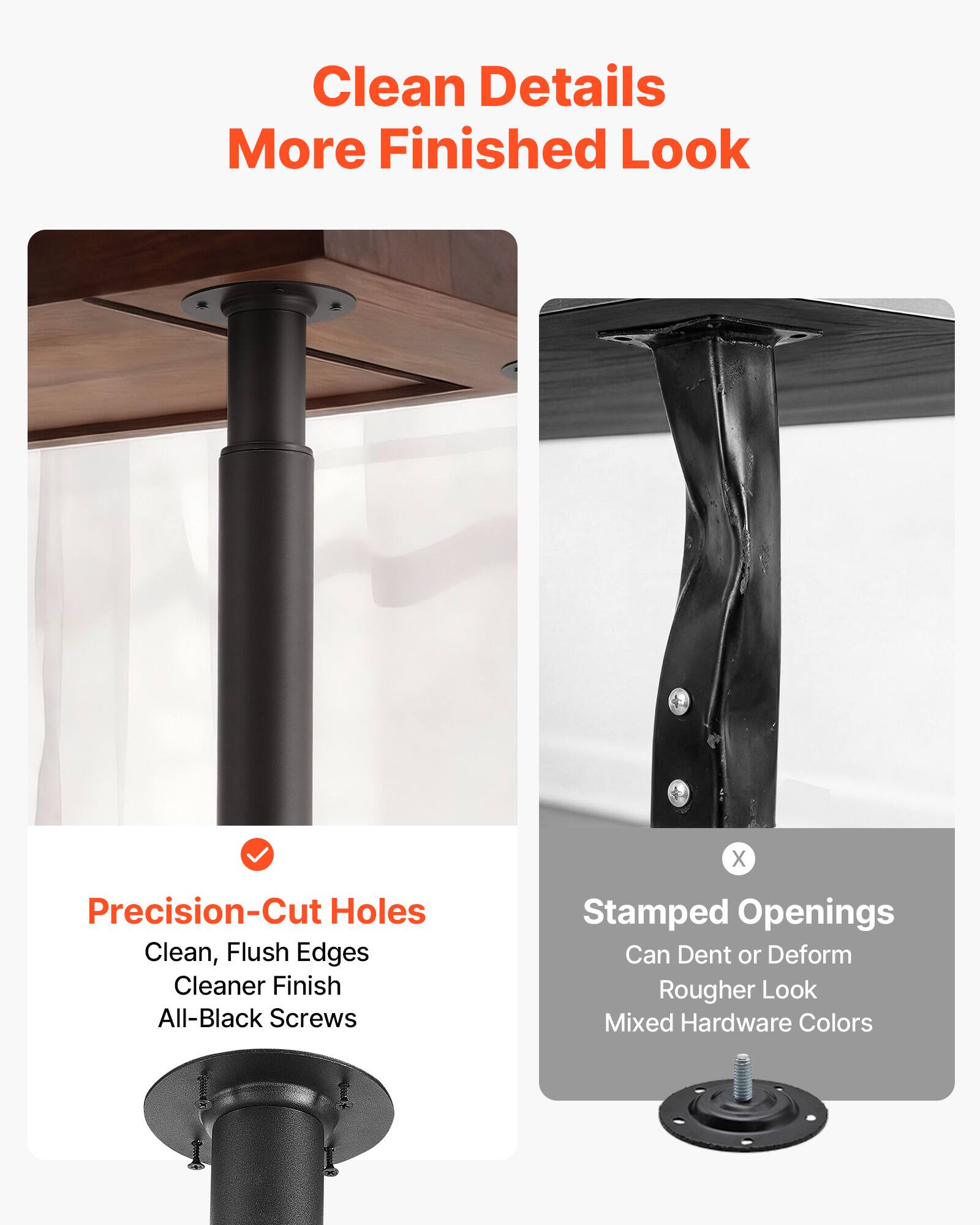 Clean Details  
More Finished Look  

Precision-Cut Holes  
Clean, Flush Edges  
Cleaner Finish  
All-Black Screws  

Stamped Openings  
Can Dent or Deform  
Rougher Look  
Mixed Hardware Colors