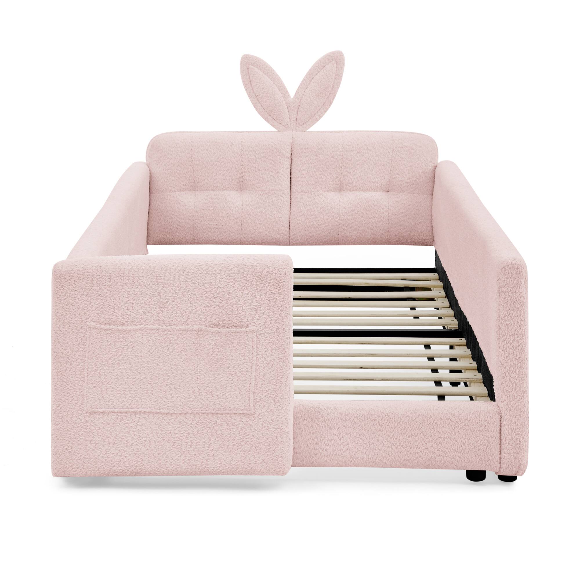 Alt View 1. GOODSILO - Twin Size Upholstered Platform Bed with Playful Bunny Ear Headboard and Safety Features in Soft Neutral Fabric - Pink.