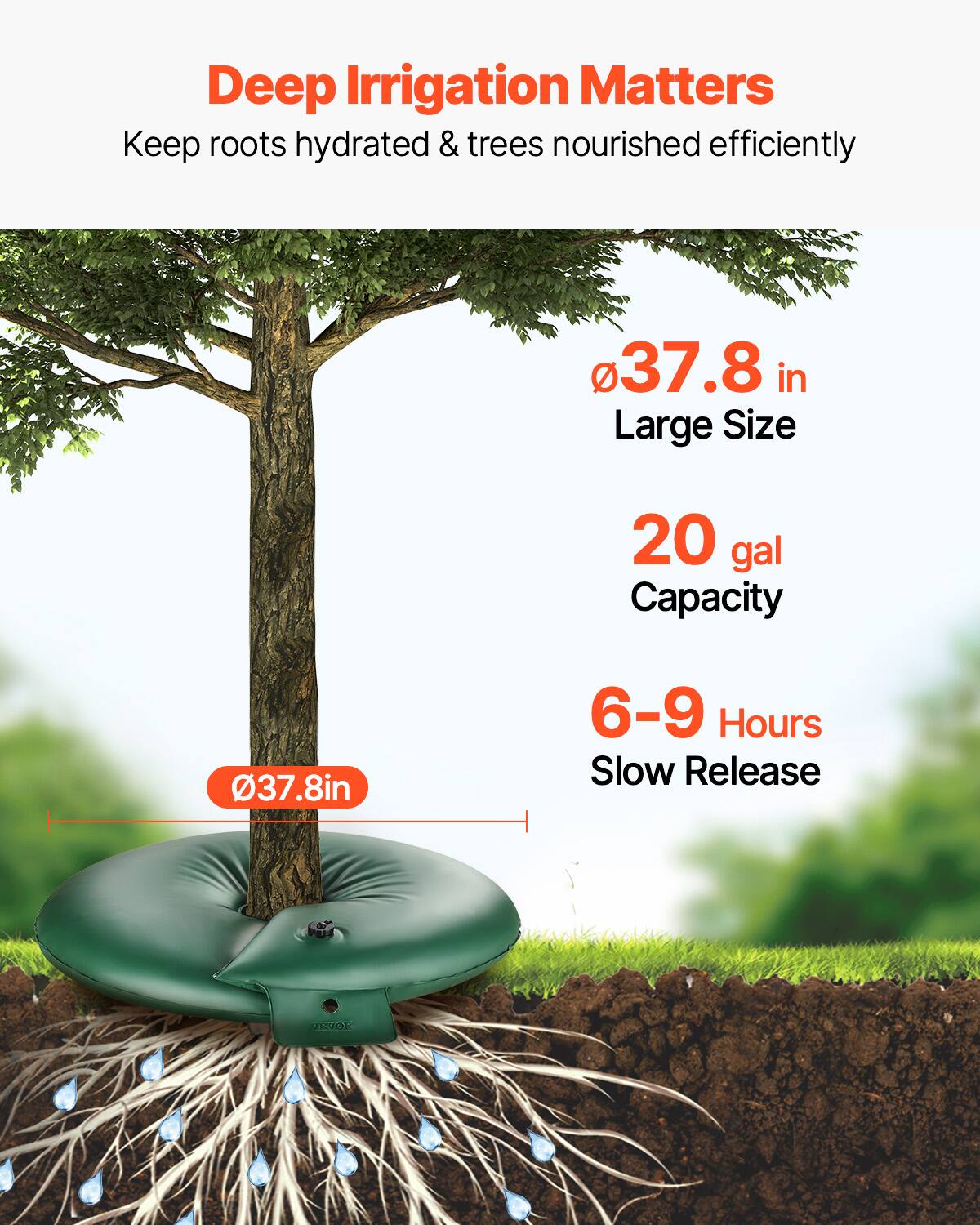 Deep Irrigation Matters  
Keep roots hydrated & trees nourished efficiently  

- 37.8 in  
- Large Size  
- 20 gal Capacity  
- 6-9 Hours Slow Release