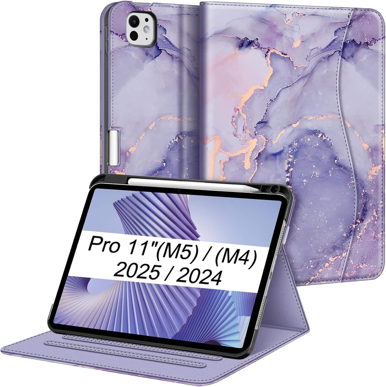 Fintie - Folio Case for iPad Pro 11-inch (M5) 2025 / (M4) 2024 Magnetic Multi-Angle Viewing Smart Stand Cover w/ Pocket - Lilac Marble
