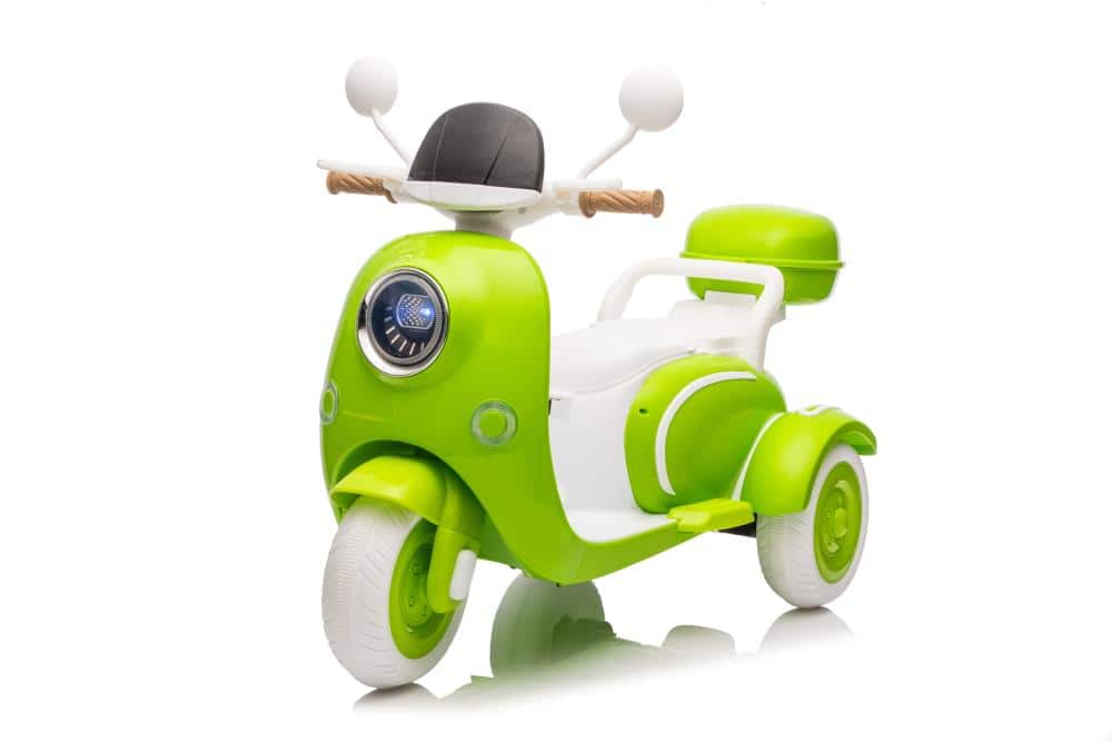 BreeBe - 12V Kids Electric Motorcycle, 3-Wheel Ride On Scooter w/ USB, Bluetooth, Lights, Storage, Dual Motor, Ages 3+ - Green