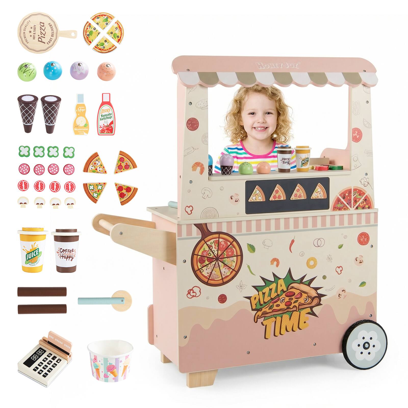 Gymax - 2 in 1 Pretend Play Food Truck Kids Ice Cream & Pizza Cart w/ Canopy Oven - Pink price history on PriceWatchPro