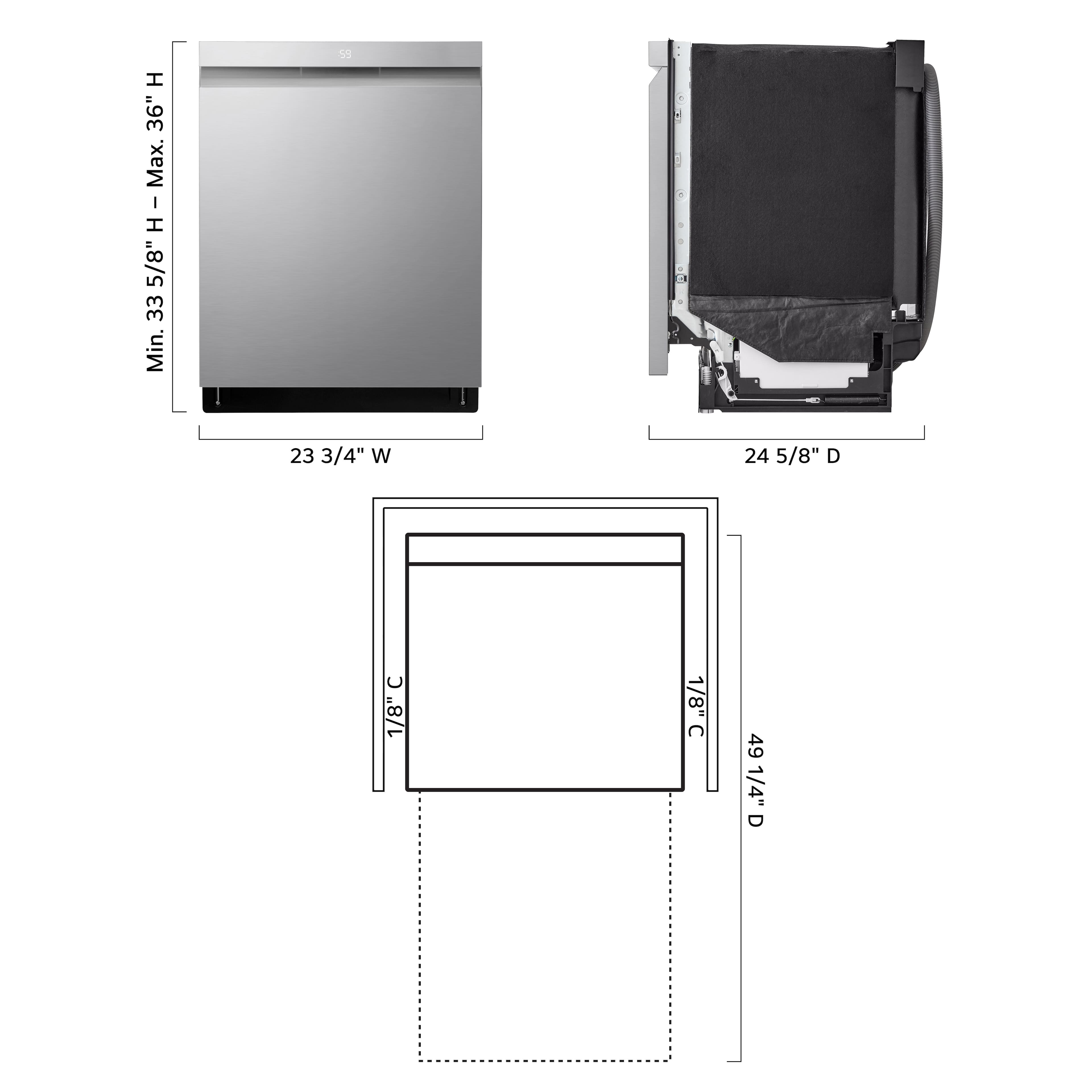 The text on the image reads:
H 36" Max. I 5/8"H - Max 5/8" H 33 Min. 23 3/4" W 24 5/8" D 1/8" 1/8"C C 49 1/4" D
Grouped and corrected text:
H 36" Max. I 5/8"H - Max 5/8" H 33 Min. 23 3/4" W 24 5/8" D 1/8" 1/8"C C 49 1/4" D