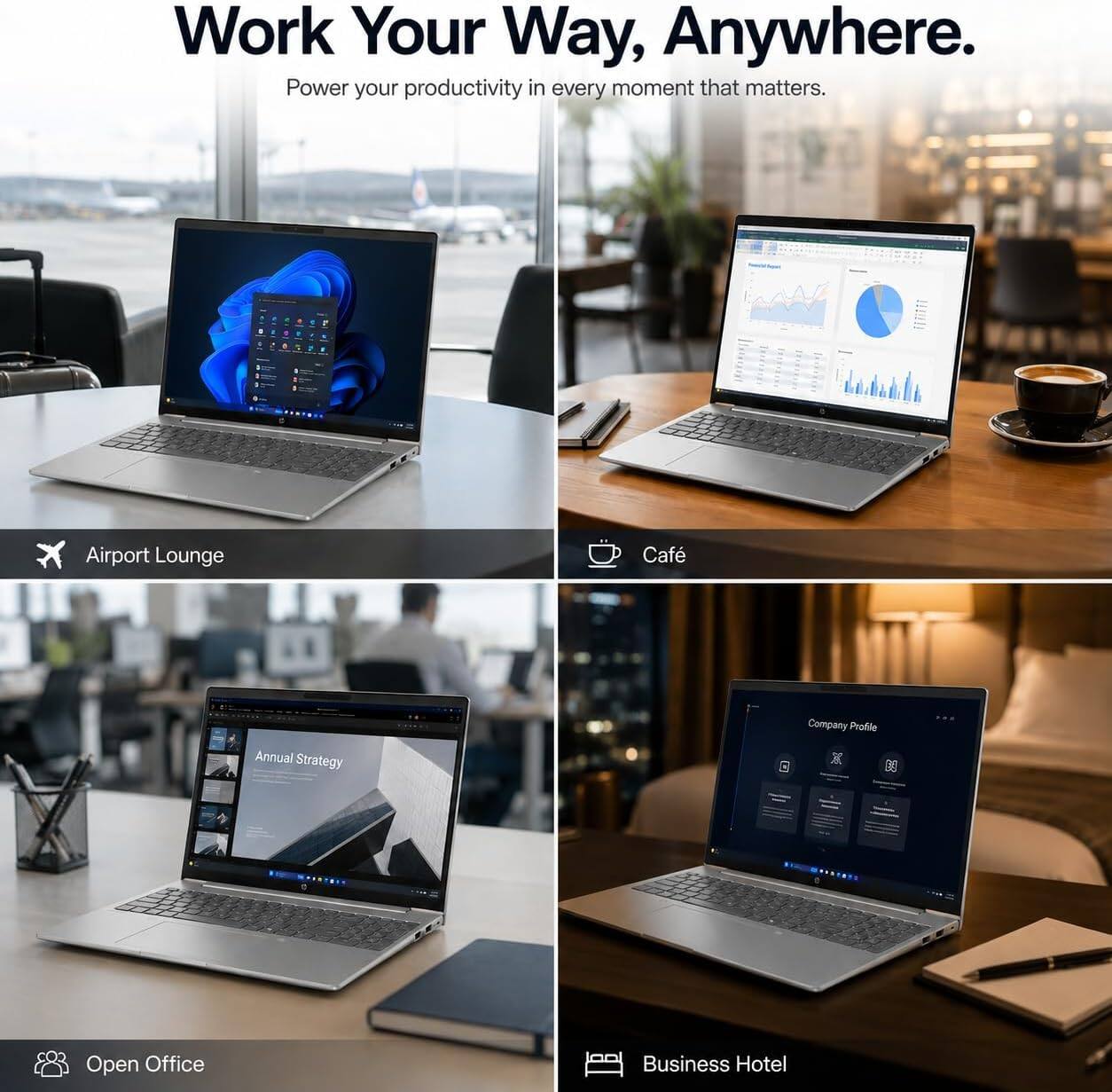 Work Your Way, Anywhere.  
Power your productivity in every moment that matters.

Airport Lounge  
Café  
Open Office  
Business Hotel  

Annual Strategy  
Company Profile