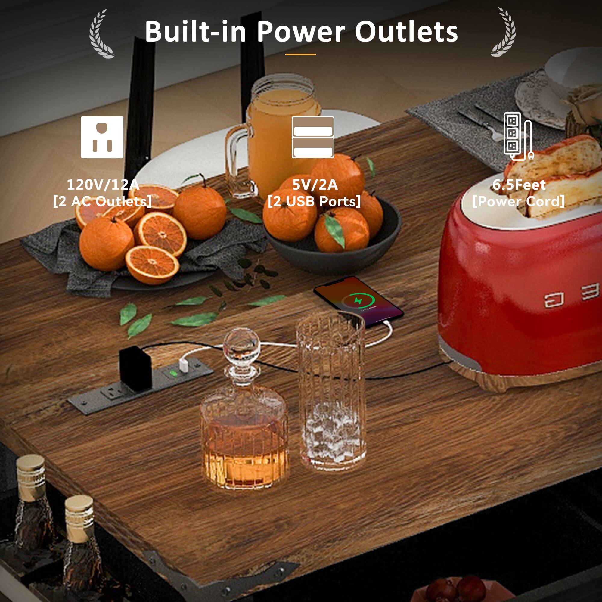 Built-in Power Outlets 120V/12A [2 AC Outlets] 5V/2A [2 USB Ports] 6.5Feet [Power Cord]