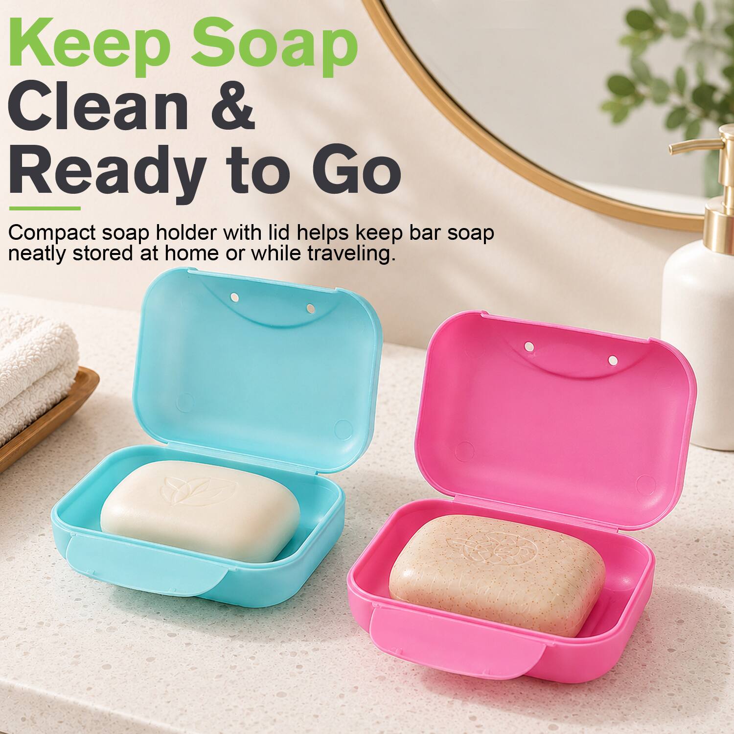 Keep Soap Clean & Ready to Go

Compact soap holder with lid helps keep bar soap neatly stored at home or while traveling.
