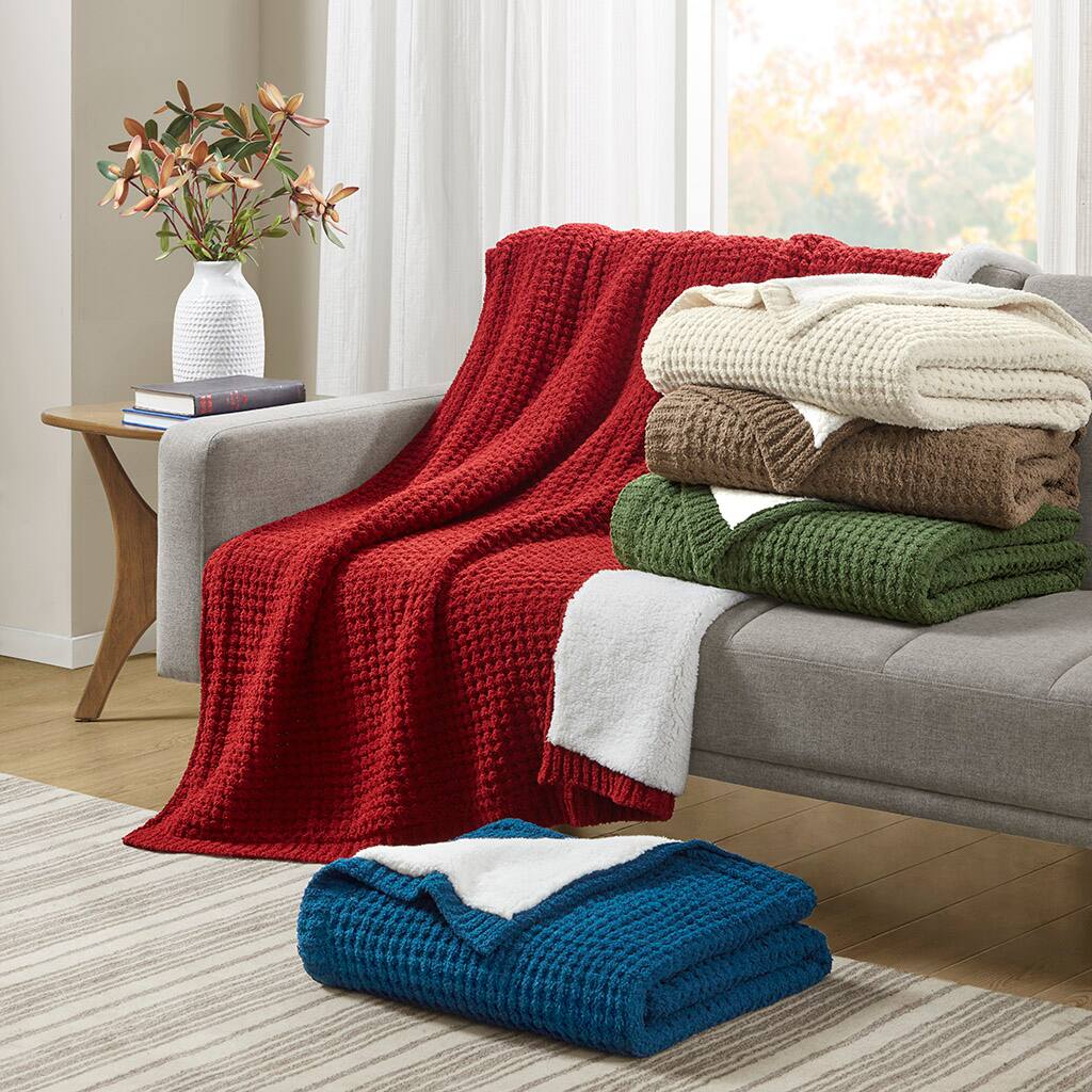 Alt View 4. Gracie Mills - Gracie Mills Dorian Waffle Weave Solid Chenille Throw - Red.