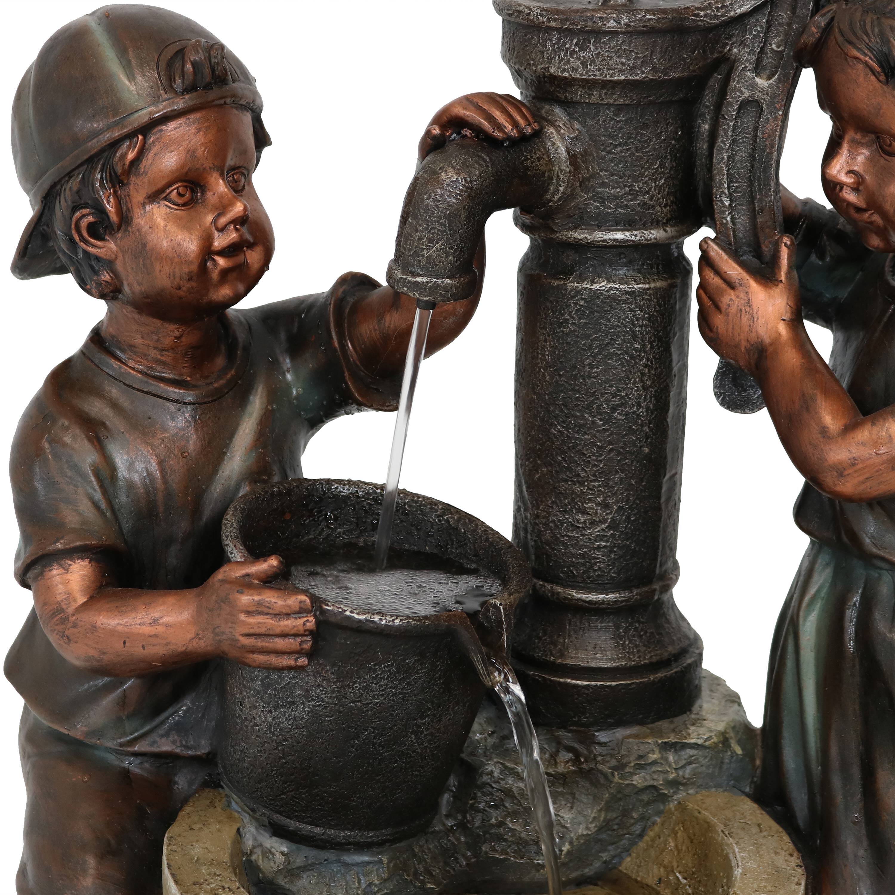 Alt View 9. Sunnydaze - Jack and Jill at Water Pump and Well Water Fountain - 24 in - Bronze.