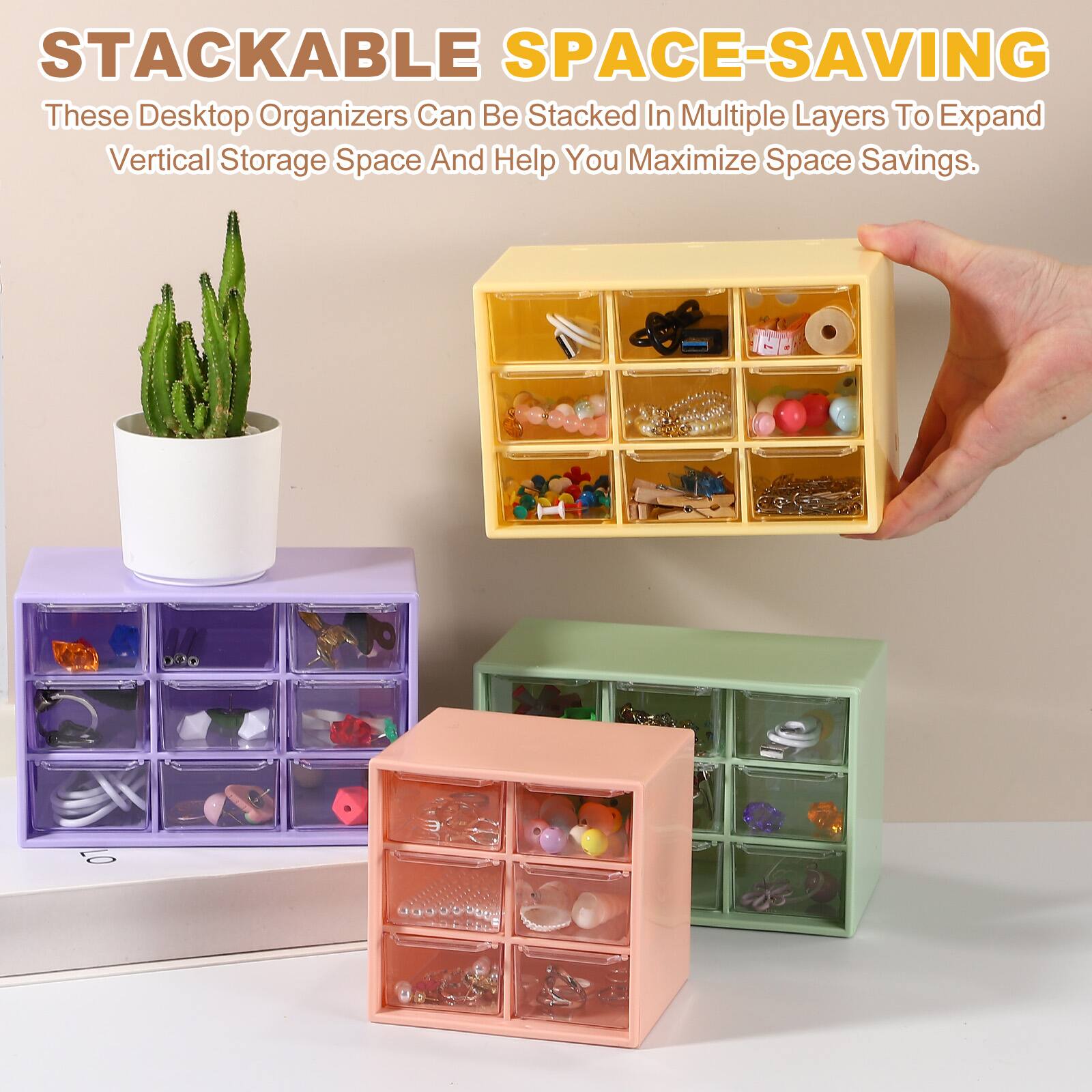 STACKABLE SPACE-SAVING  
These Desktop Organizers Can Be Stacked In Multiple Layers To Expand Vertical Storage Space And Help You Maximize Space Savings.