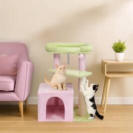 Winado - 27inch Small Cat Tower with Scratching Post, Ball, Cat Condo, Padded Top Bed for Indoor Kittens Cats Indoor Activity - Pink & Green