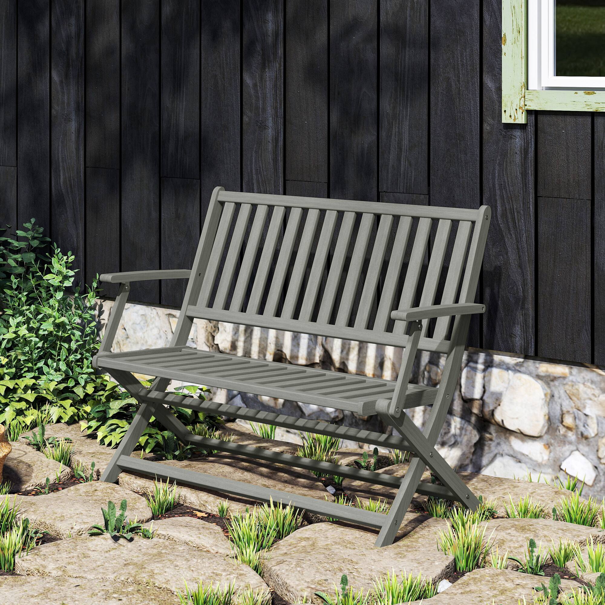 Alt View 8. Outsunny - Wood Outdoor Bench, 2-Person Foldable Patio Acacia Wood Garden Bench with Backrest and Armrests for Garden, Porch - Gray.