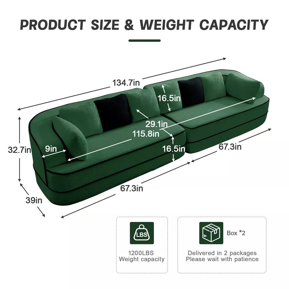 PRODUCT SIZE & WEIGHT CAPACITY

- Length: 134.7in
- Width: 39in
- Height: 32.7in
- Seat Height: 9in
- Seat Depth: 29.1in
- Armrest Height: 16.5in
- Armrest Width: 16.5in
- Back Height: 67.3in
- Back Width: 67.3in

Weight Capacity: 1200LBS

Box *2
Delivered in 2 packages
Please wait with patience