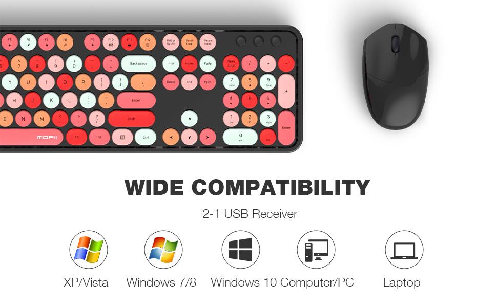 F5 FS F 17 1B P F9 F10 F11 F12 PUESCr Syuftg Seroe Lock PELeR Srean 3 A 7 8 I 9 I 0 - - Backspace Insert Home PgUp Num Lock / - Y U I O P ( ) | 1 Deate End PyDn 7 nae 8 a 9 ~R + H J a K L - I - Enter 4 5 6 B N M < > ? Stft A 1 ta 2 . 3 PaCe Enter MAFii AR Fn Ctri Y 0 au - WIDE COMPATIBILITY 2-1 USB Receiver XP/Vista Windows 7/8 Windows 10 Computer/PC Laptop