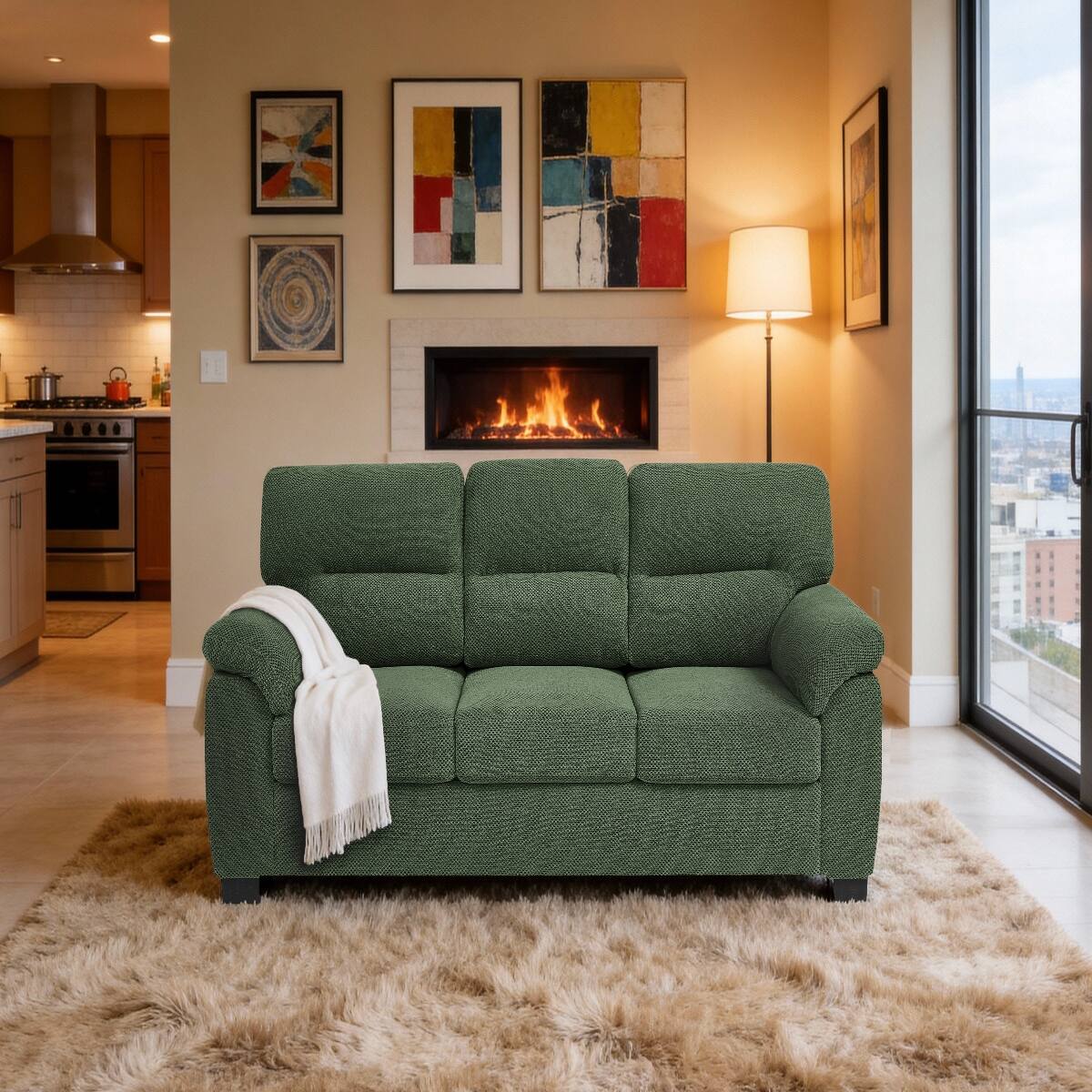 Front. Ropilly - Ropilly Dark Green 3 Seater Sofa with Pillow Top Arms, Textured Upholstered Couch for Living Room - Dark Green.