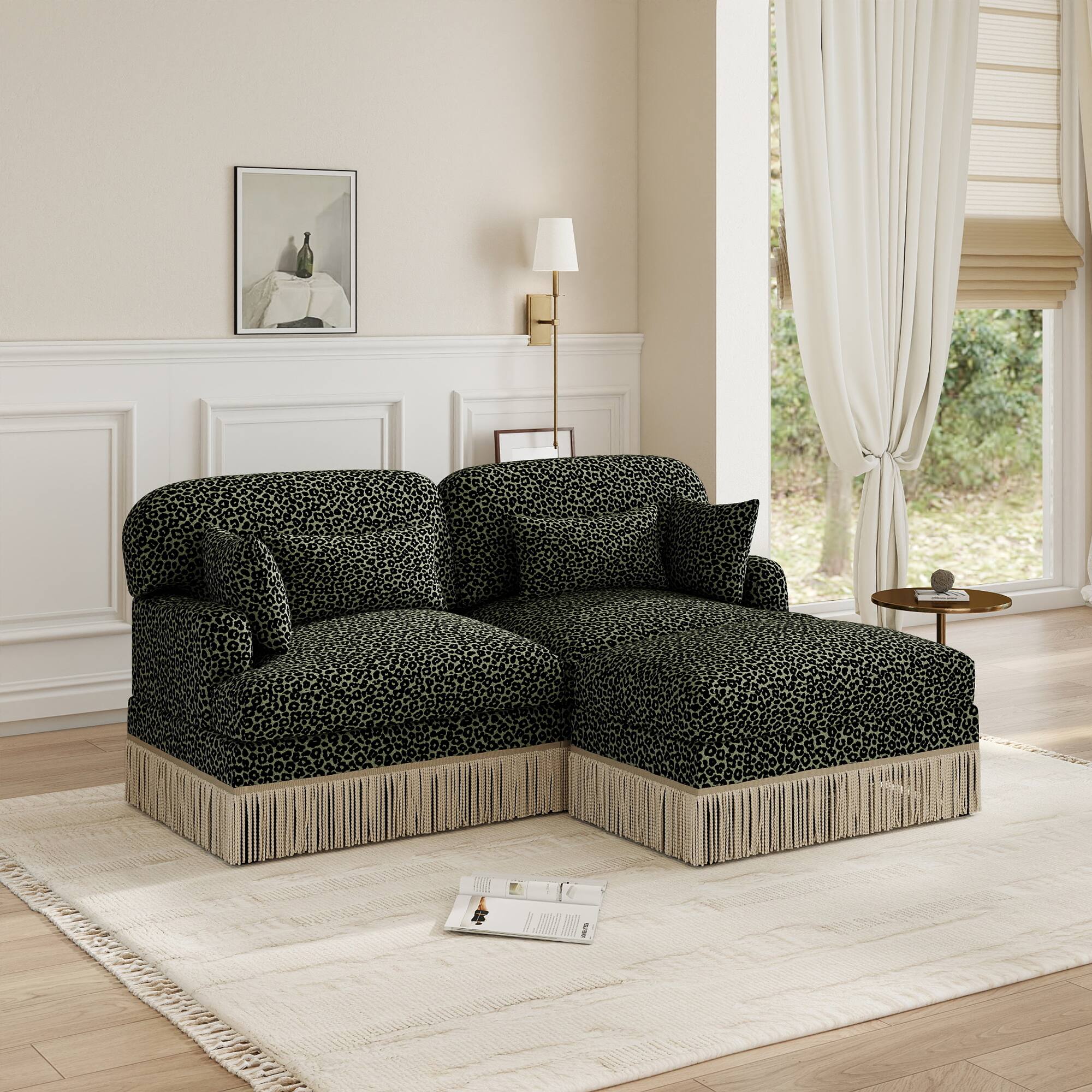 Left. Anysun - Delicate Fashion Style Chenille Leopard Printing L-Shape Sofa with Movable Ottoman, Easy Assembly - Green.