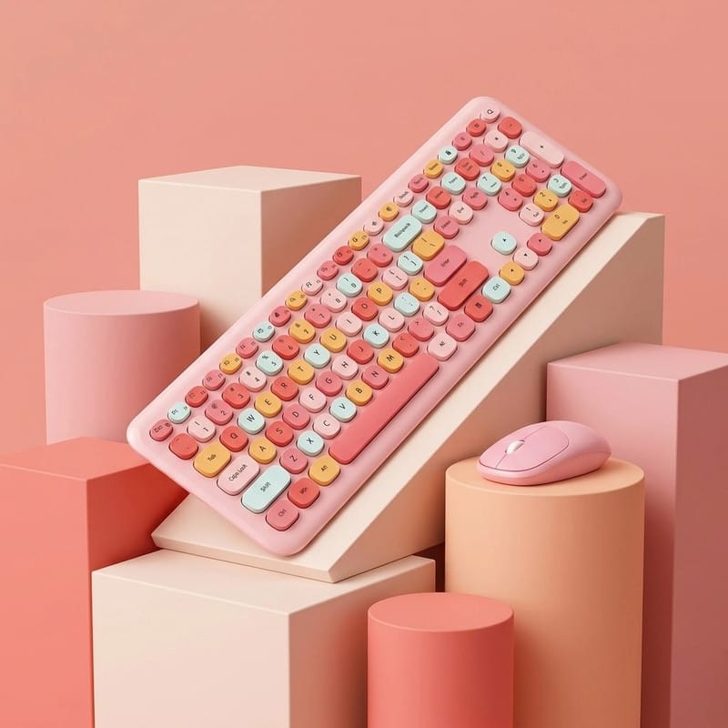 Luckbyte - Retro 110-Key Wireless Keyboard & Mouse Combo - Vintage Typewriter Style with Round Punk Keycaps for PC & Laptop - Pink