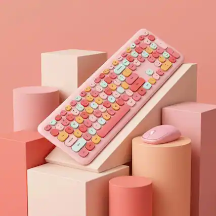 Front. Luckbyte - Retro Pink 110-Key Wireless Keyboard & Mouse Combo - Vintage Typewriter Style with Round Punk Keycaps for PC & Laptop - Pink.