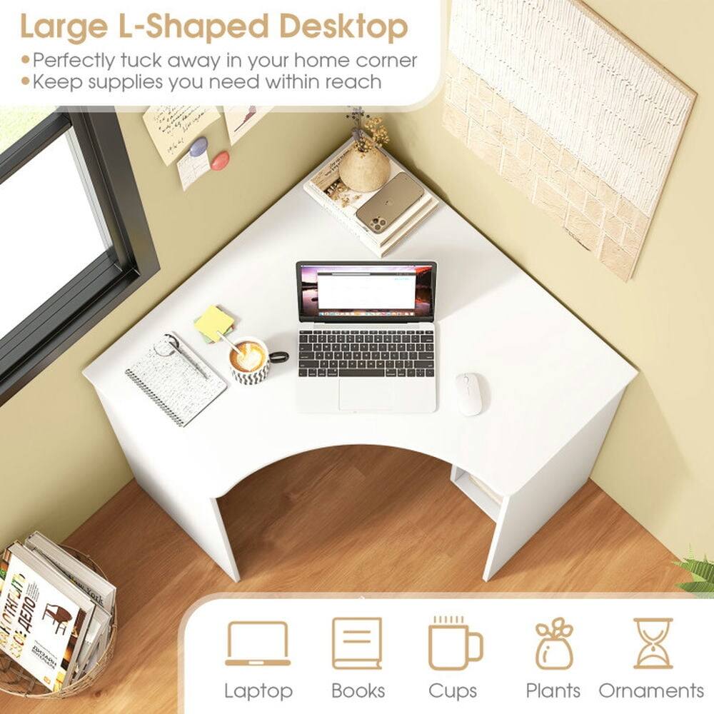Large L-Shaped Desktop  
- Perfectly tuck away in your home corner  
- Keep supplies you need within reach  

Laptop  
Books  
Cups  
Plants  
Ornaments