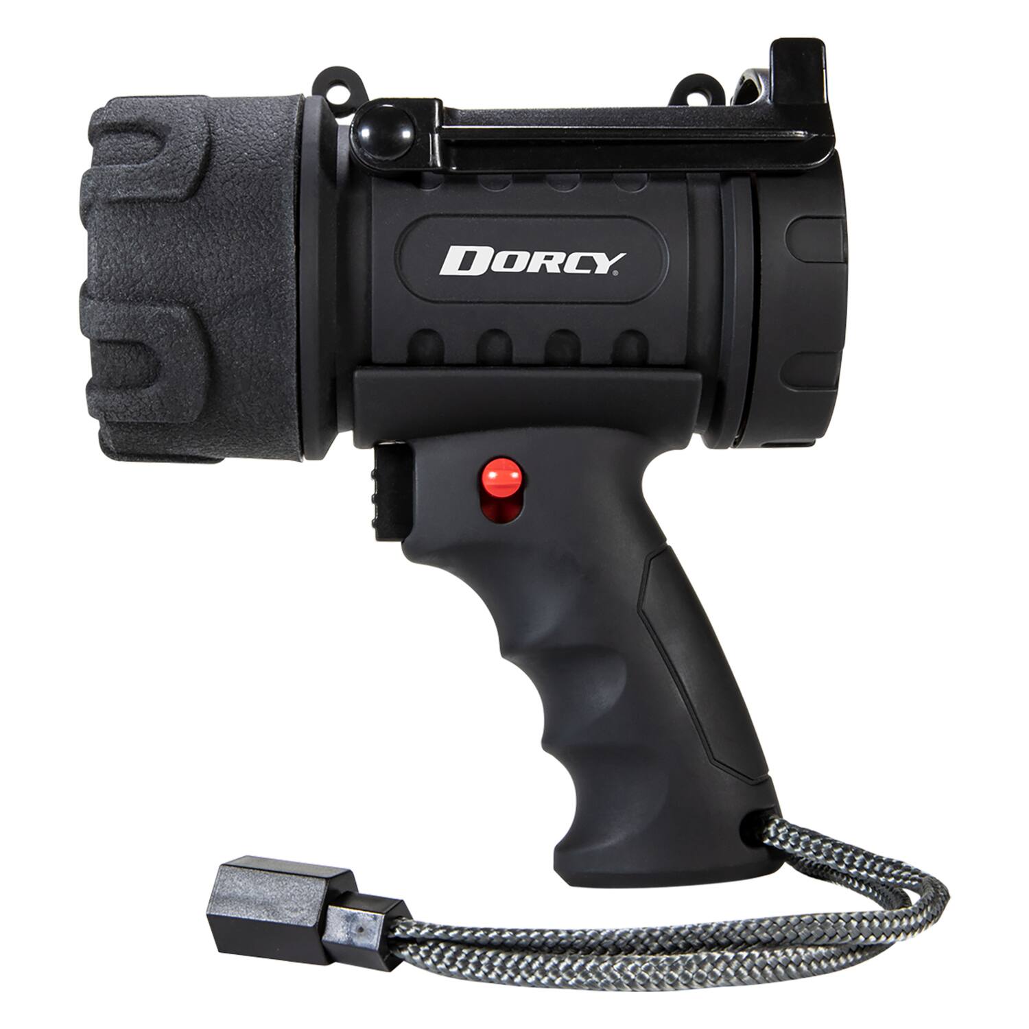 Left. Dorcy - Pro Rechargeable Spotlight, 500 Lumens, LED, IP65 Water-Resistant, Fold-out Stand, 1260 ft Beam Distance.
