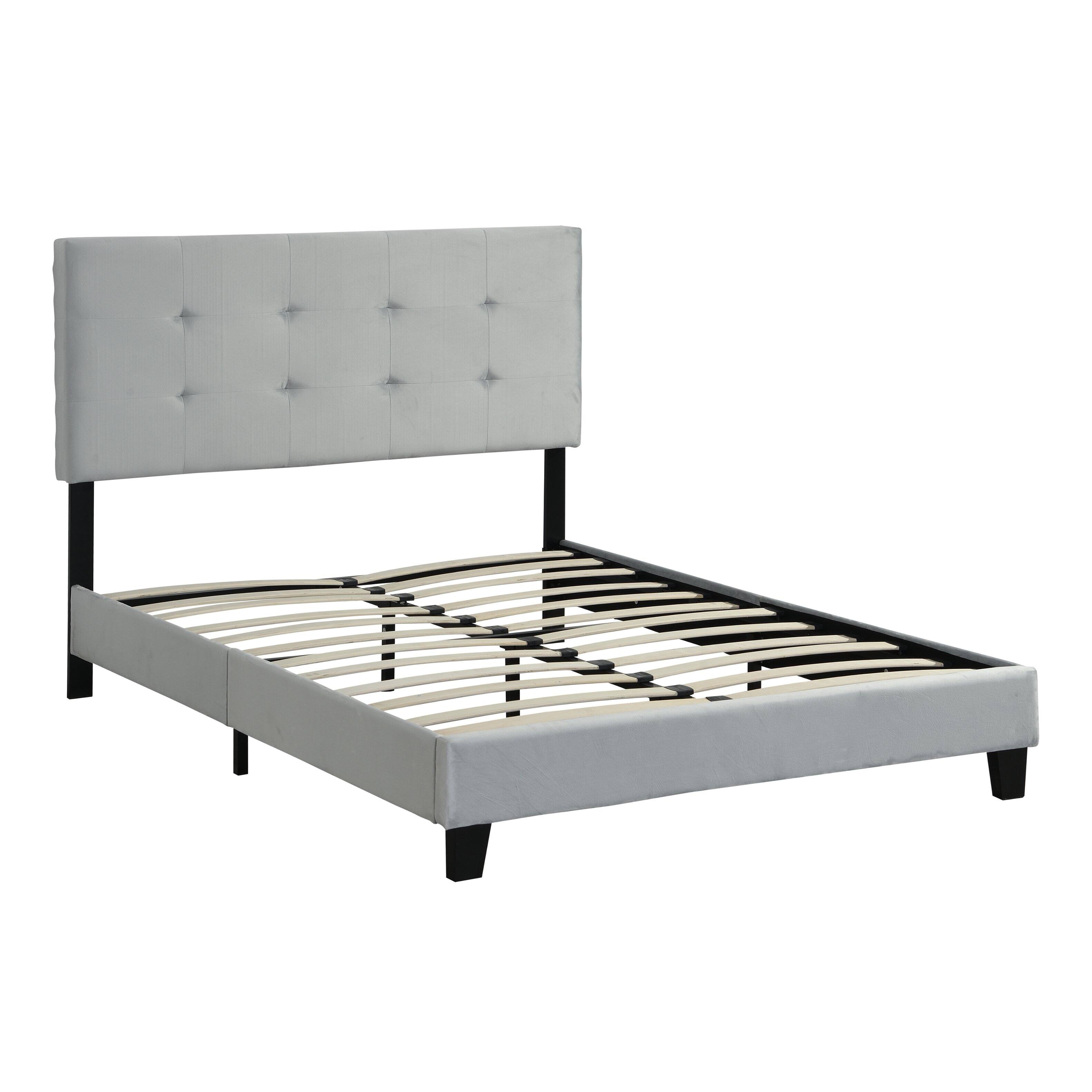 Left. LUCKY ONE - Queen Size Upholstered Platform Bed Frame with Tufted Headboard - Gray.