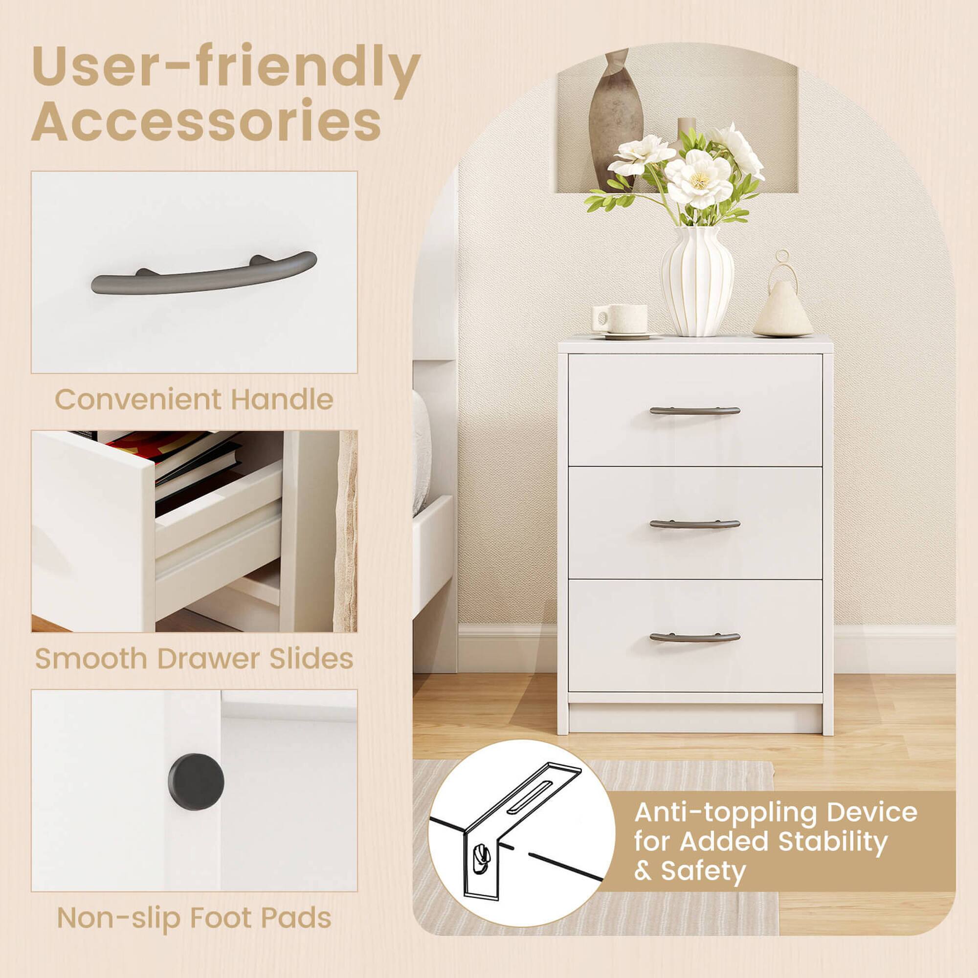 User-friendly accessories include a convenient handle, smooth drawer slides, non-slip foot pads, and an anti-toppling device for added stability and safety.