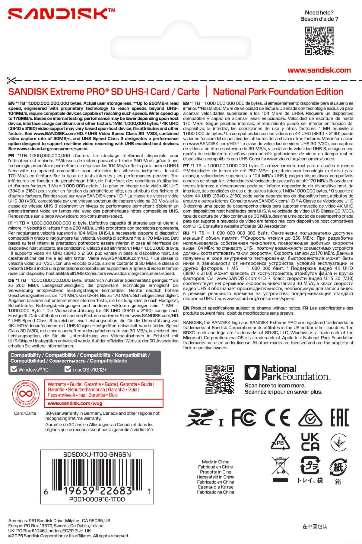 Sure, here is the corrected and grouped text from the image:
---
**SANDISK Extreme PRO® SD UHS-I Card / Carte**
**National Park Foundation Edition**
**EN** "1TB-1,000,000,000,000 bytes. Actual user storage less.**" "Up to 250MB/s read speed, engineered with proprietary technology to reach speeds beyond UHS-I 170MB/s.**" "1TB-1,000,000,000,000 bytes. Le stockage réellement disponible pour l'utilisateur est moindre.**" "Vitesse de lecture pouvant atteindre 250 Mo/s, grâce à une technologie exclusive permettant d'atteindre des vitesses supérieures à 170 Mo/s.**" "1TB = 1,000,000,000,000 bytes. El almacenamiento disponible para el usuario es inferior.**" "Hasta 250 MB/s de velocidad de lectura, diseñada con tecnología exclusiva para alcanzar velocidades superiores a 170 MB/s.