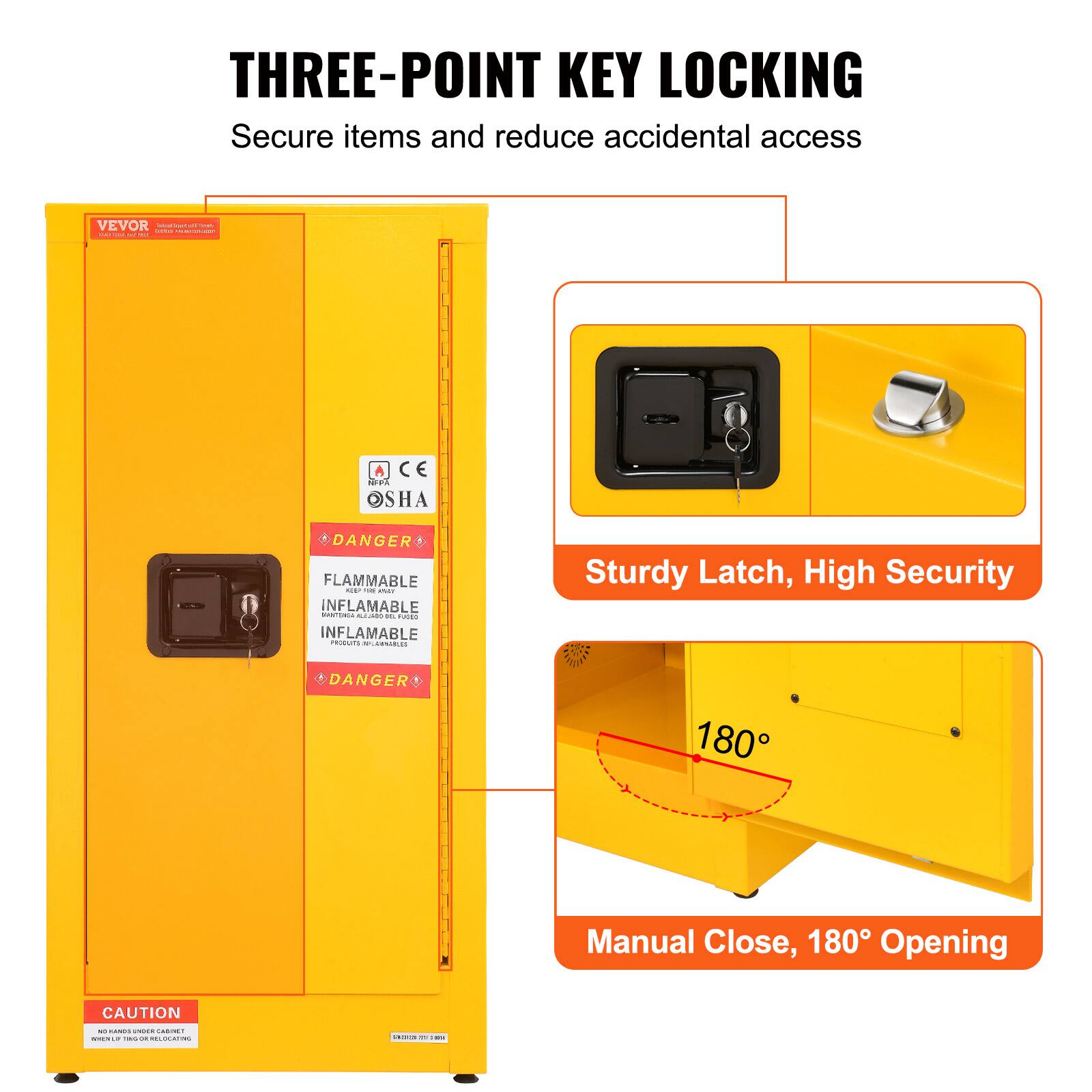 THREE-POINT KEY LOCKING  
Secure items and reduce accidental access

Sturdy Latch, High Security

Manual Close, 180° Opening

FLAMMABLE  
INFLAMMABLE  
INFLAMMABLE

DANGER

CAUTION  
NO HANDS UNDER CARNET!  
DO NOT LET THE DOOR FALL ON YOUR HANDS.