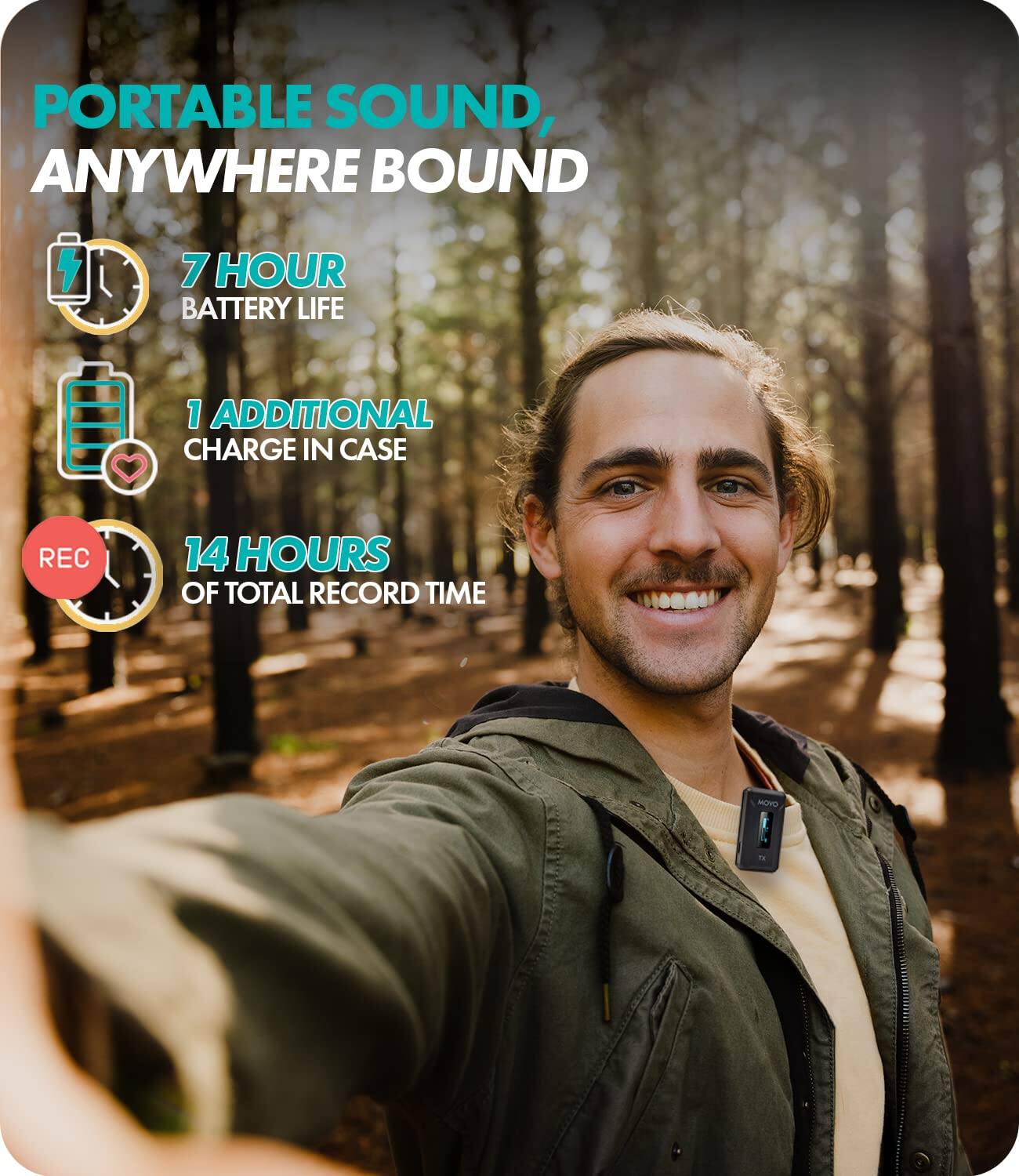 PORTABLE SOUND, ANYWHERE BOUND

- 7 HOUR BATTERY LIFE
- 1 ADDITIONAL CHARGE IN CASE
- 14 HOURS OF TOTAL RECORD TIME