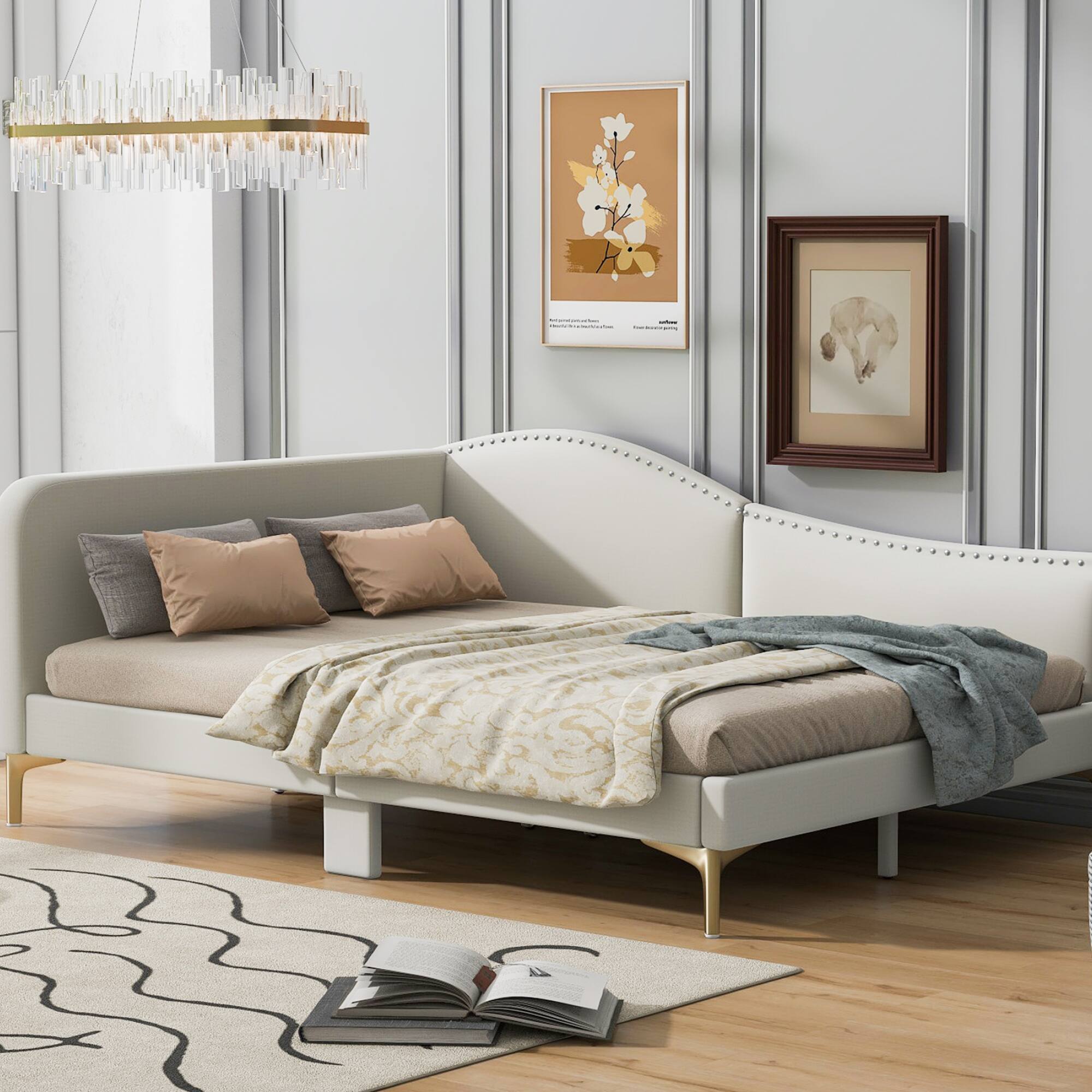 Back. GOODSILO - Full Size Upholstered Daybed with Headboard and Armrest, Support Legs - Beige.